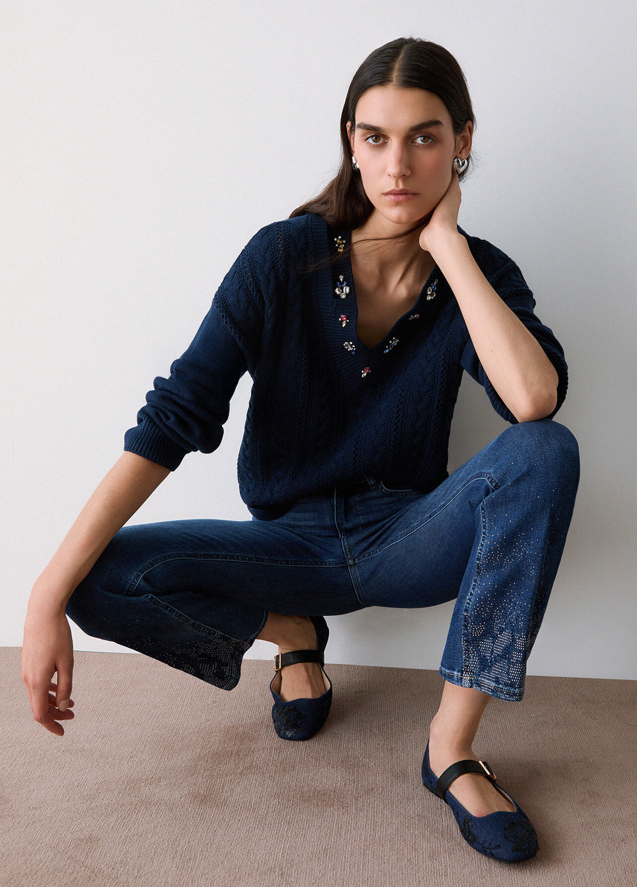 Jeans bootcut con strass - DARK BLUE DENIM