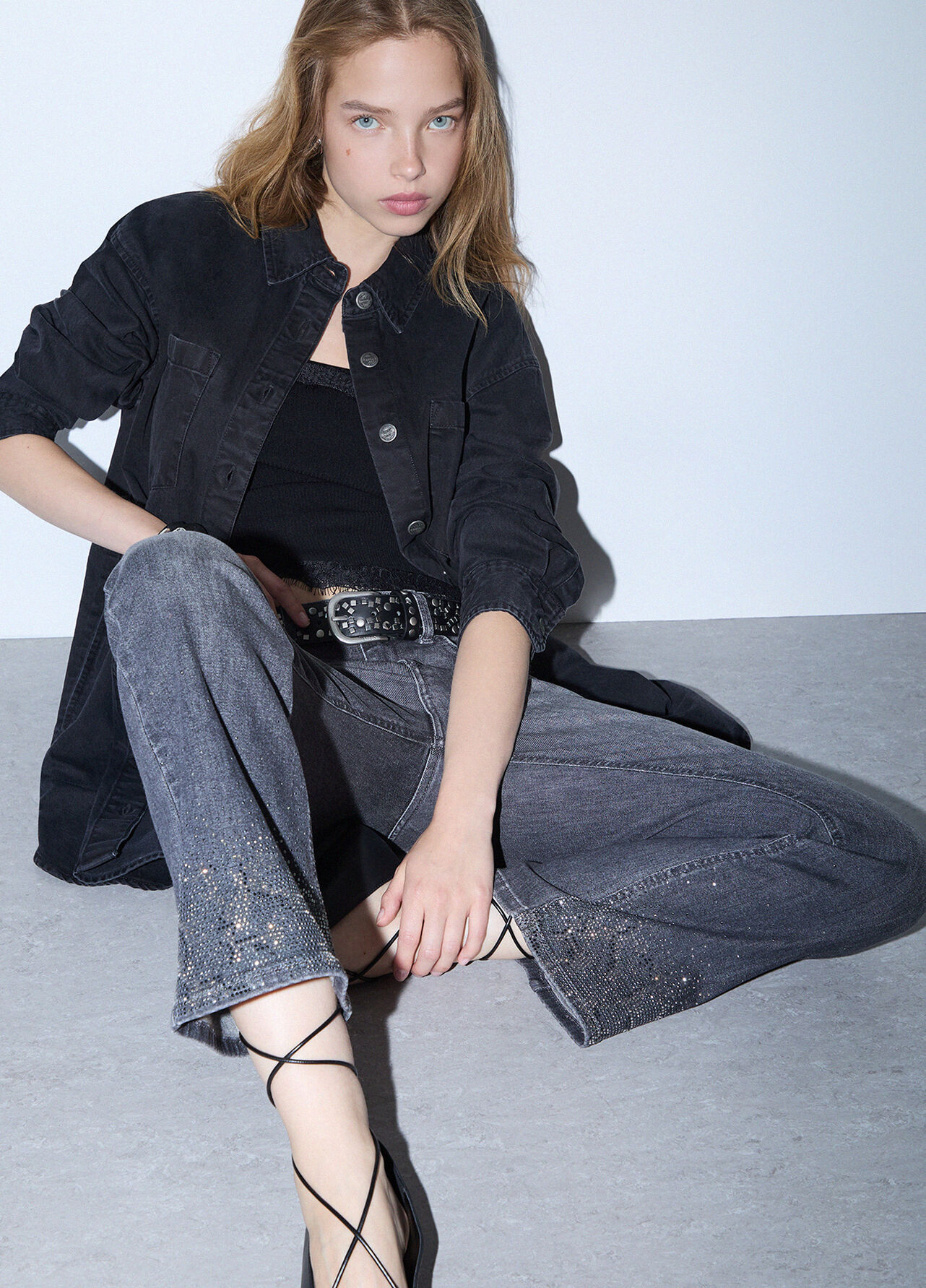Jeans bootcut con strass - GREY DENIM