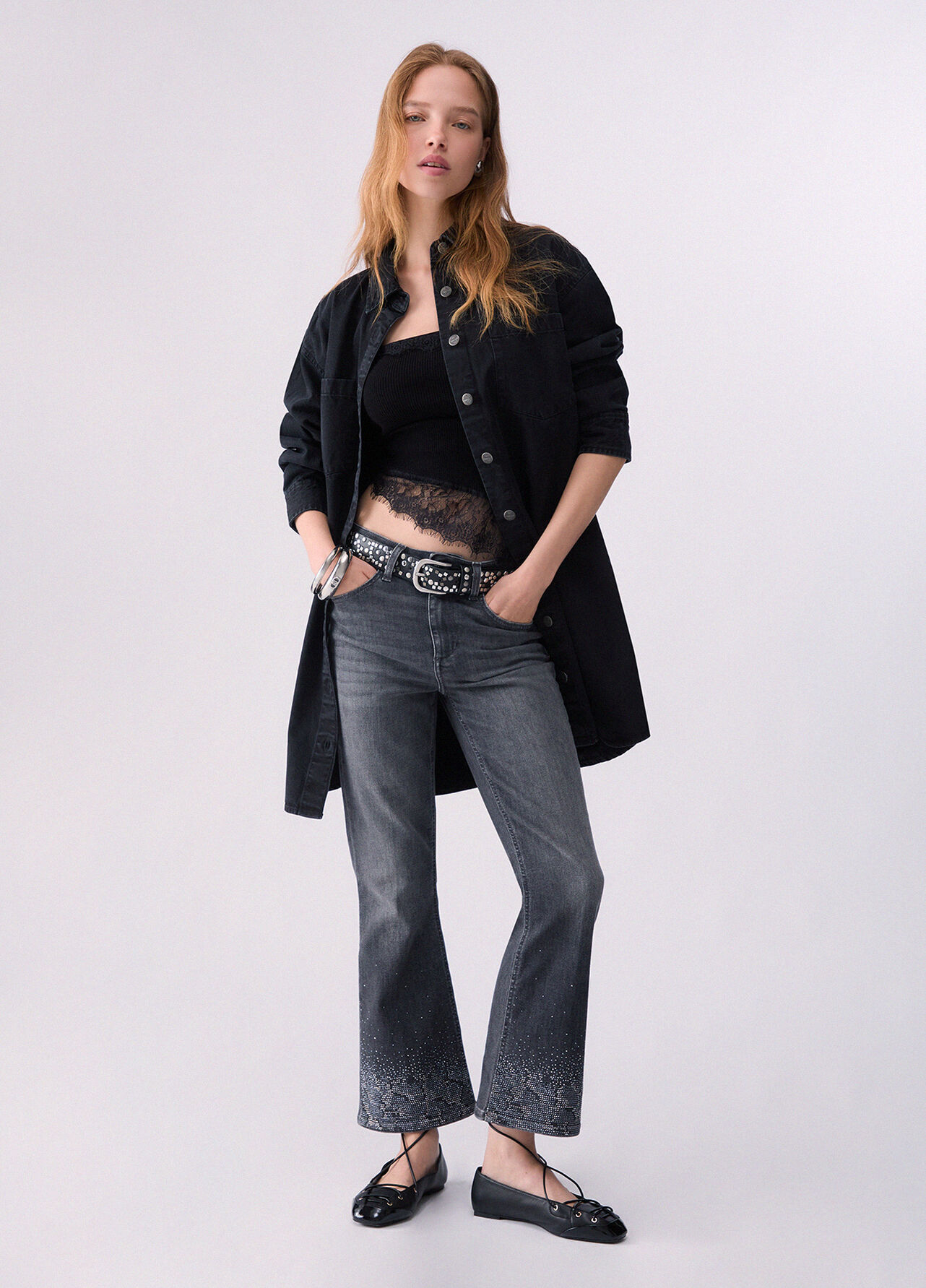 Jeans bootcut con strass - GREY DENIM