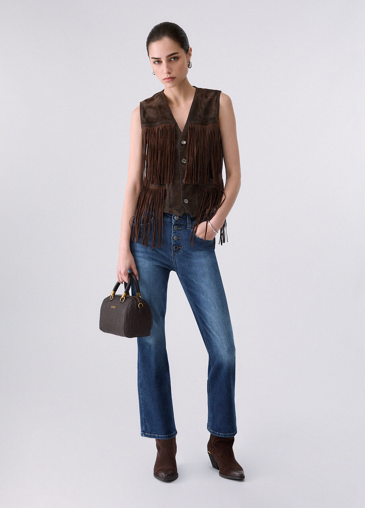 Jeans bootcut con bottoni gioiello - DARK BLUE DENIM
