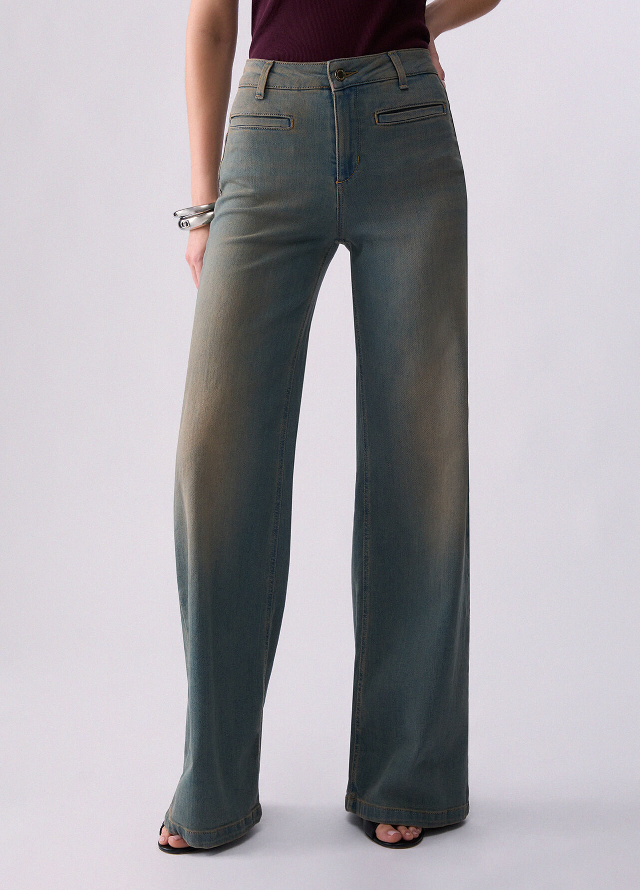 Jeans flare con tasche a filetto - BLUE DENIM