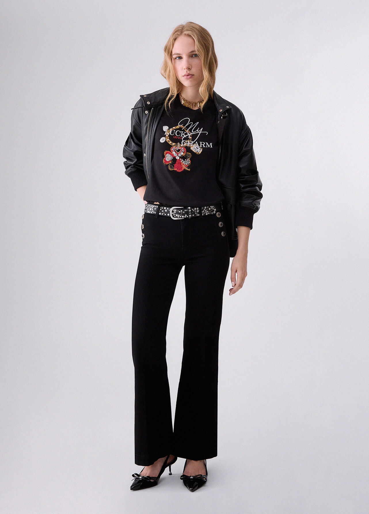 Jeans flare con bottoni gioiello - BLACK DENIM