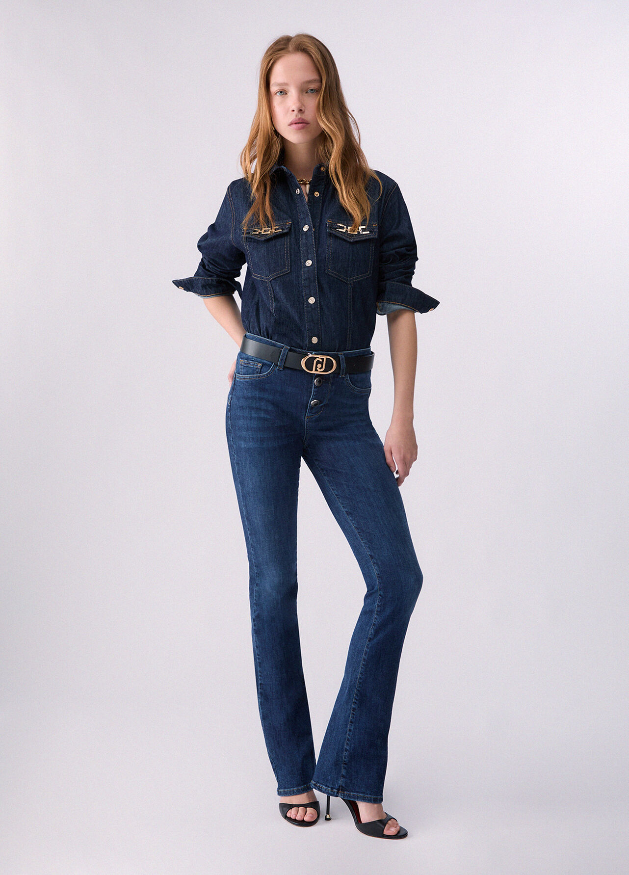 Jeans bootcut con bottoni gioiello - BLUE DENIM
