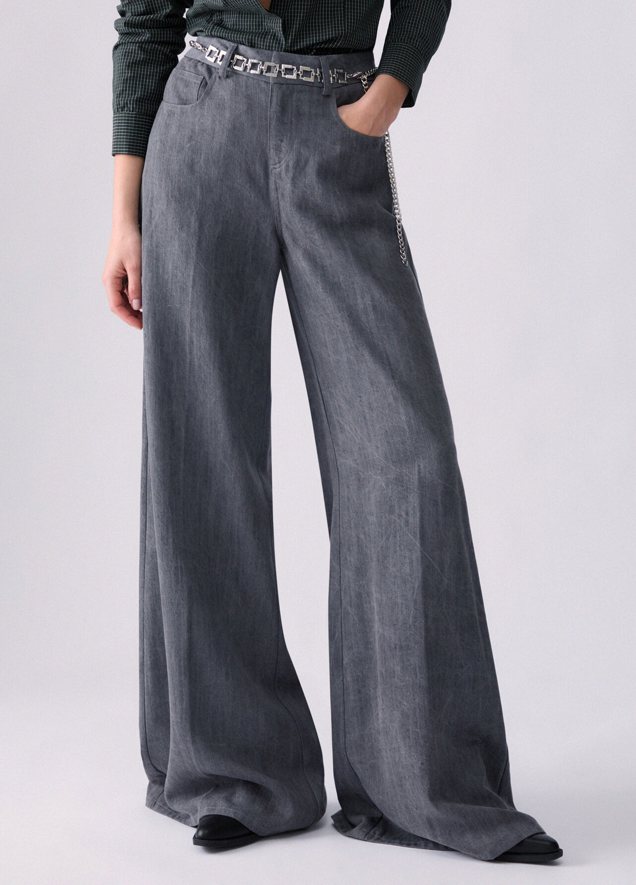Pantalone flare con cintura - GREY DENIM