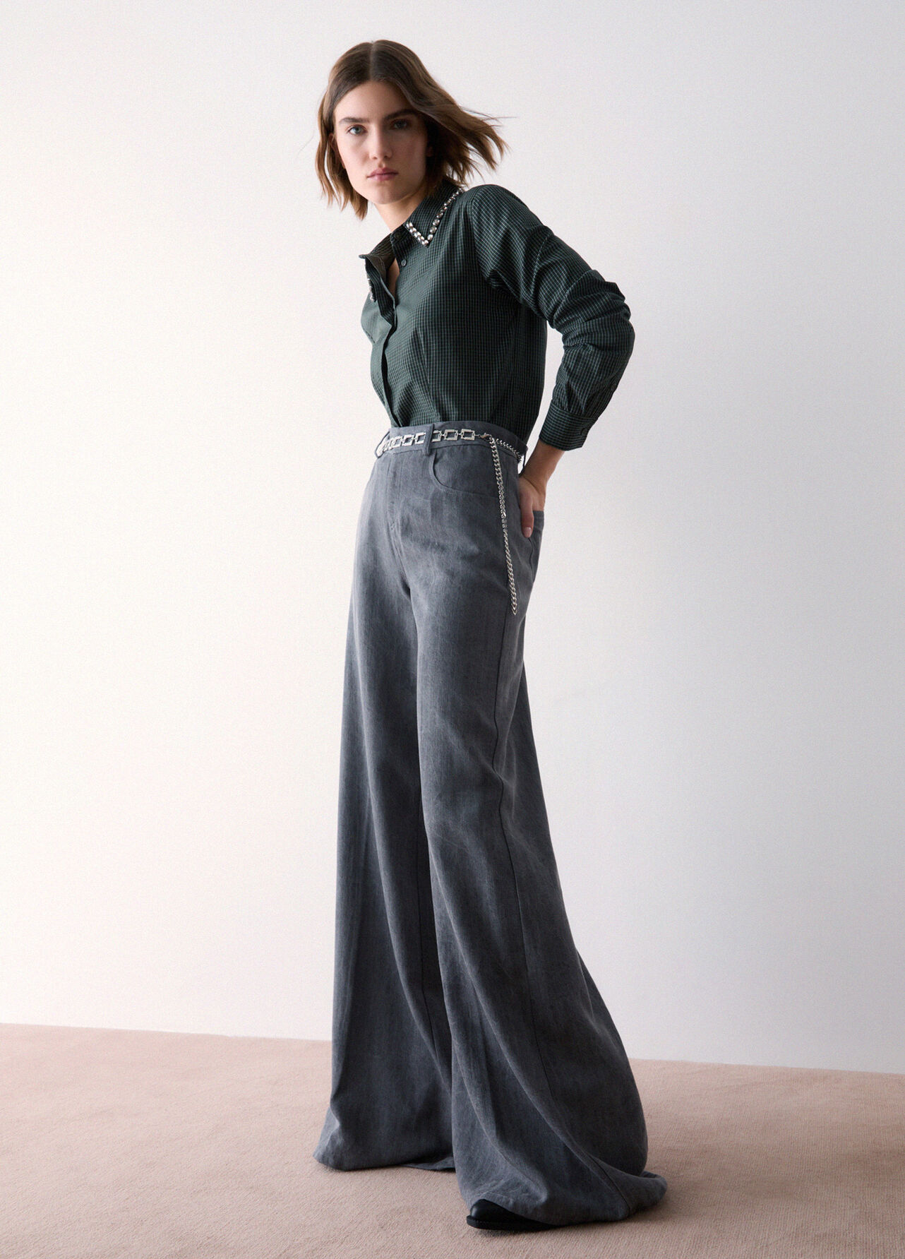 Pantalone flare con cintura - GREY DENIM