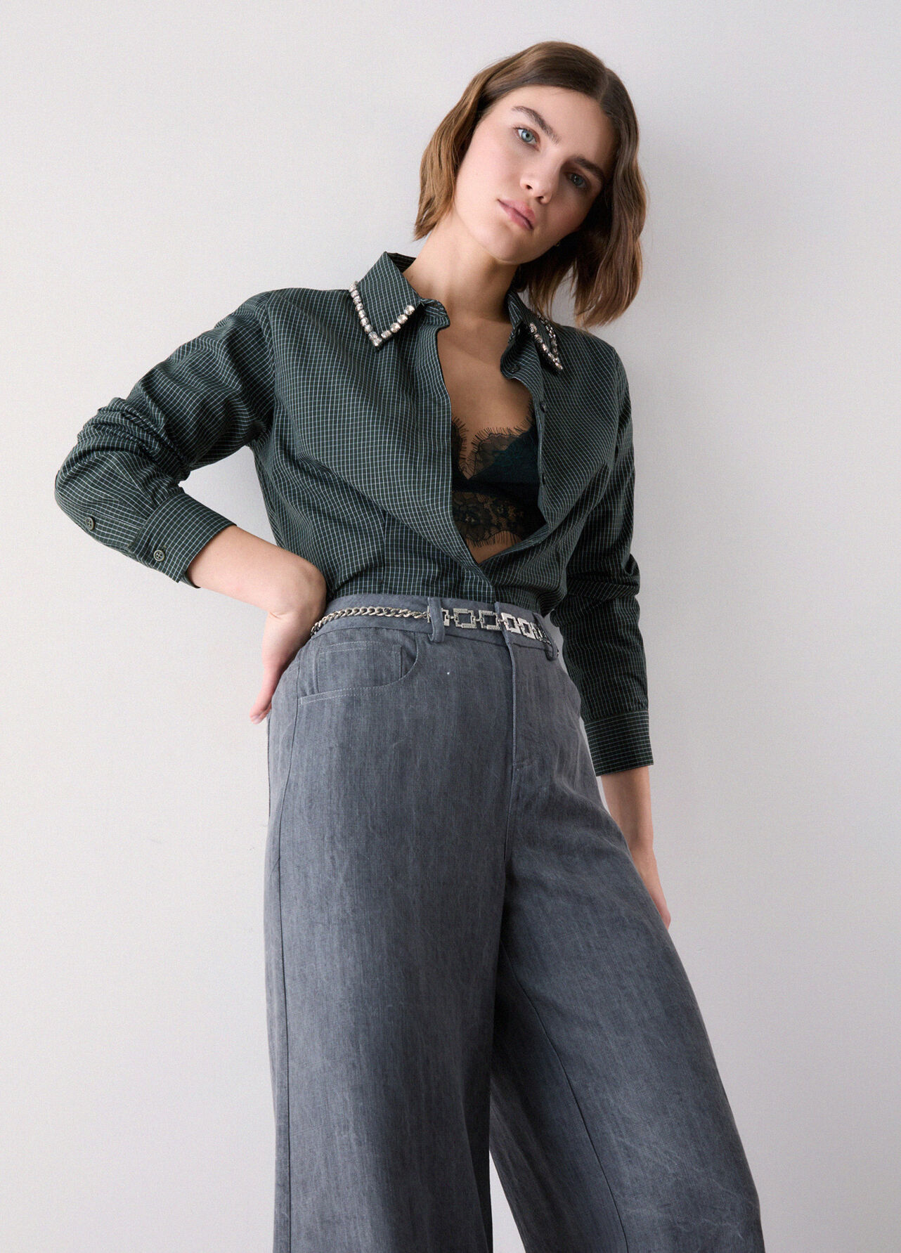 Pantalone flare con cintura - GREY DENIM