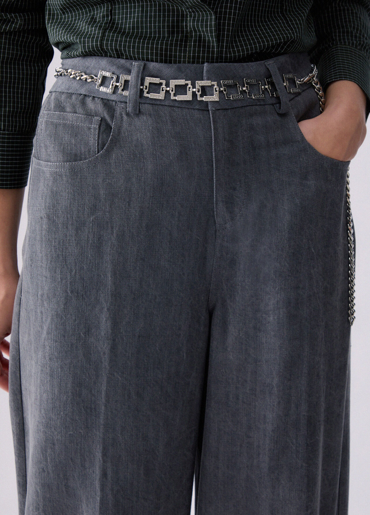 Pantalone flare con cintura - GREY DENIM