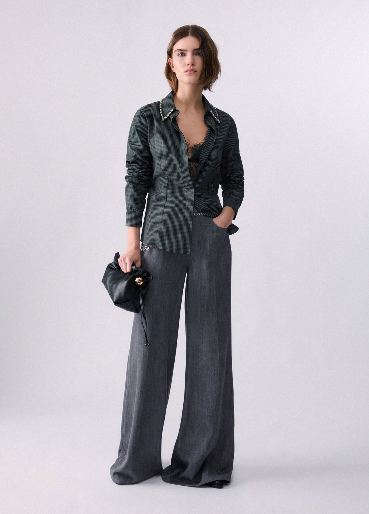Pantalone flare con cintura - GREY DENIM