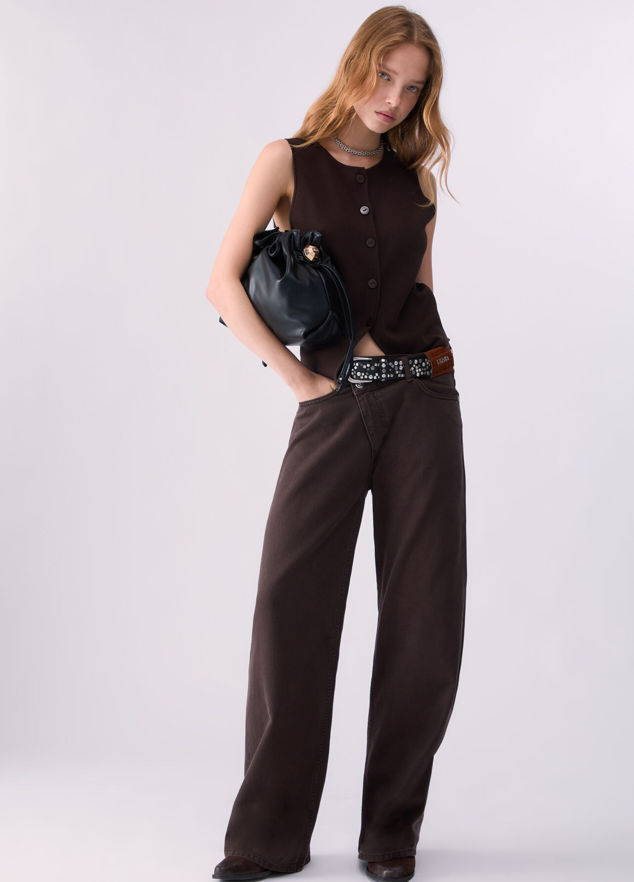 Pantalone straight con cintone asimmetrico - DARK BROWN