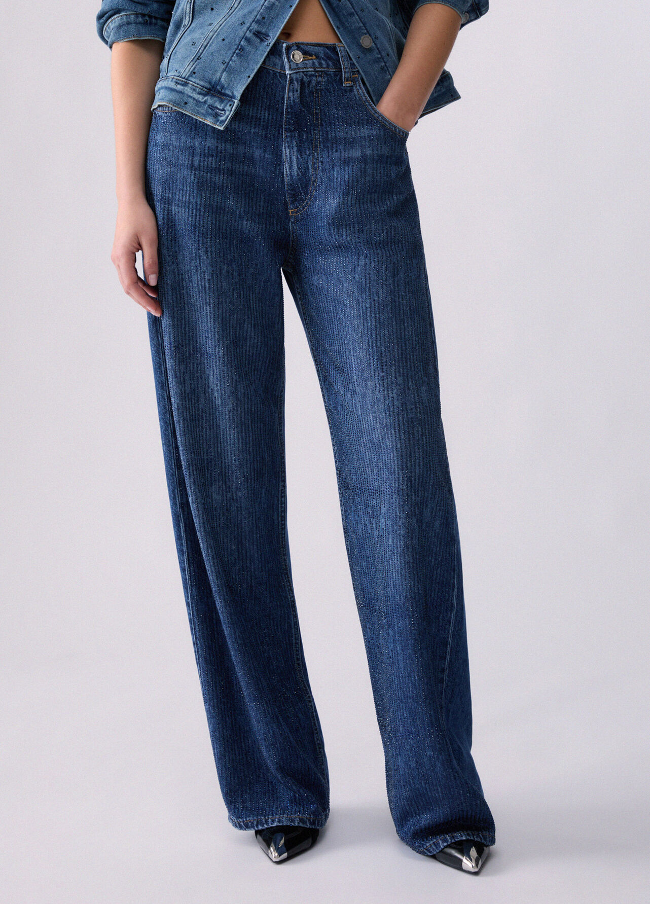 Jeans straight con strass - BLUE DENIM
