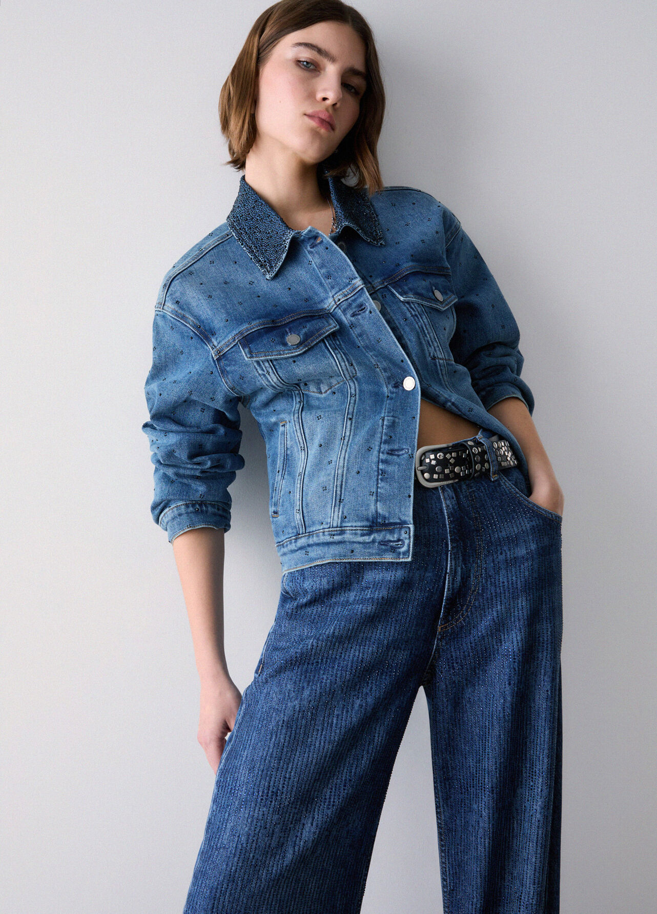 Jeans straight con strass - BLUE DENIM