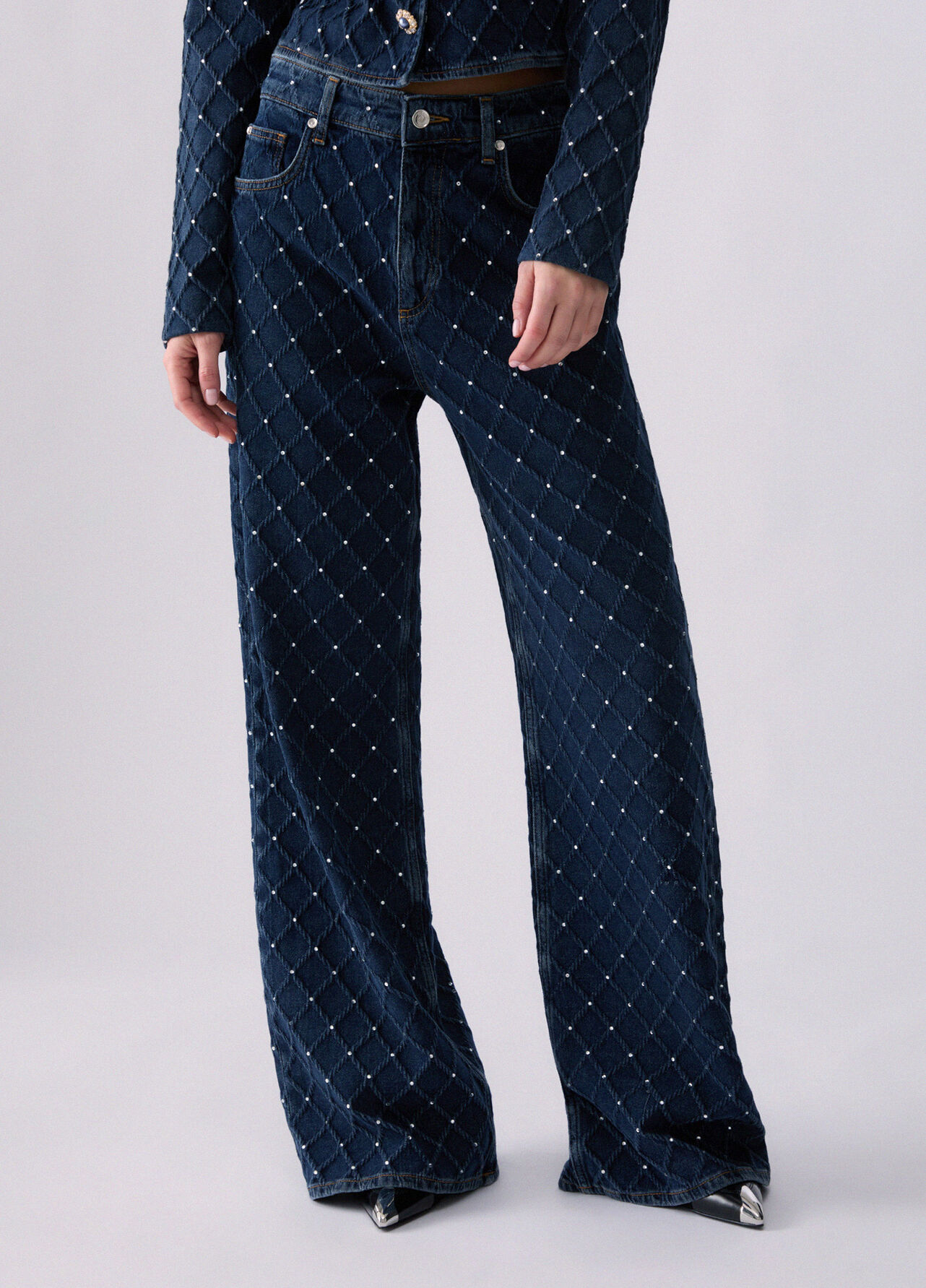 Jeans straight matelassé con strass - BLUE DENIM