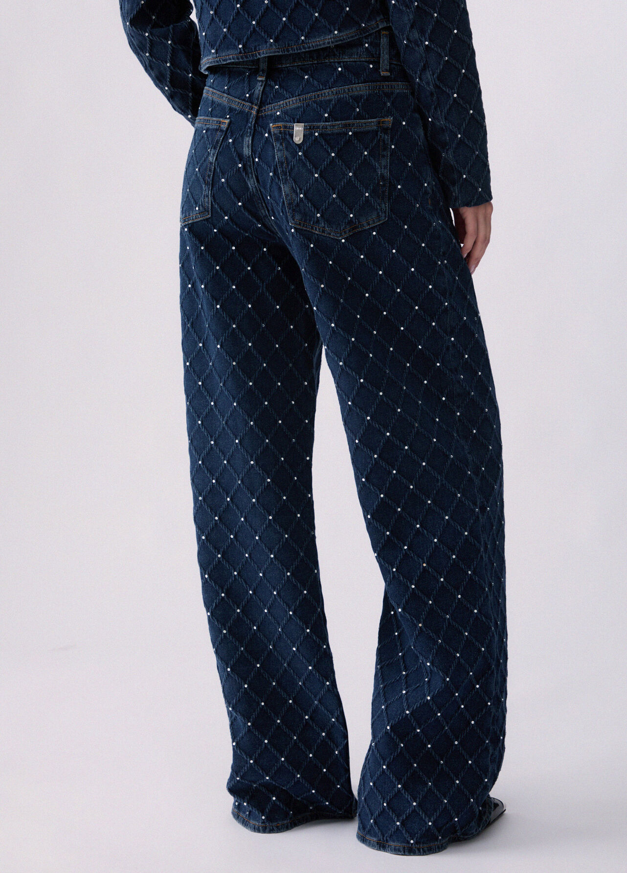 Jeans straight matelassé con strass - BLUE DENIM