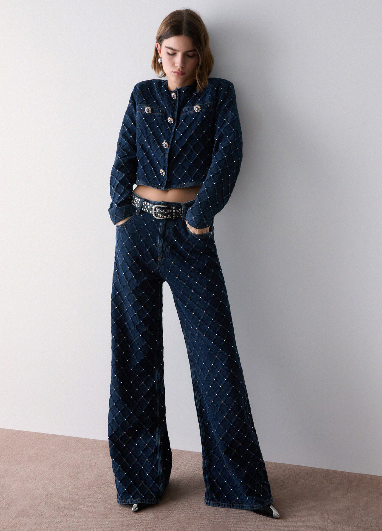 Jeans straight matelassé con strass - BLUE DENIM