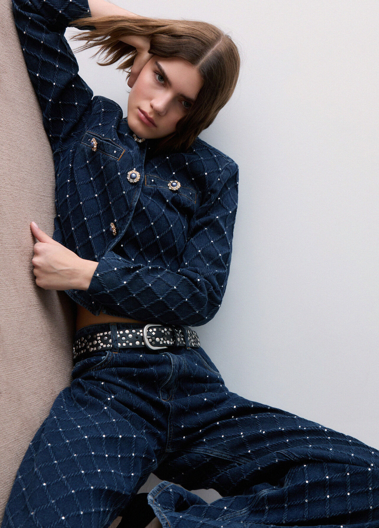 Jeans straight matelassé con strass - BLUE DENIM