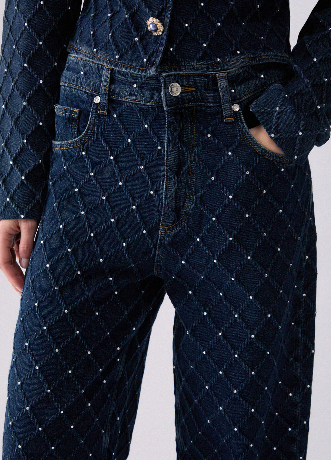 Jeans straight matelassé con strass - BLUE DENIM