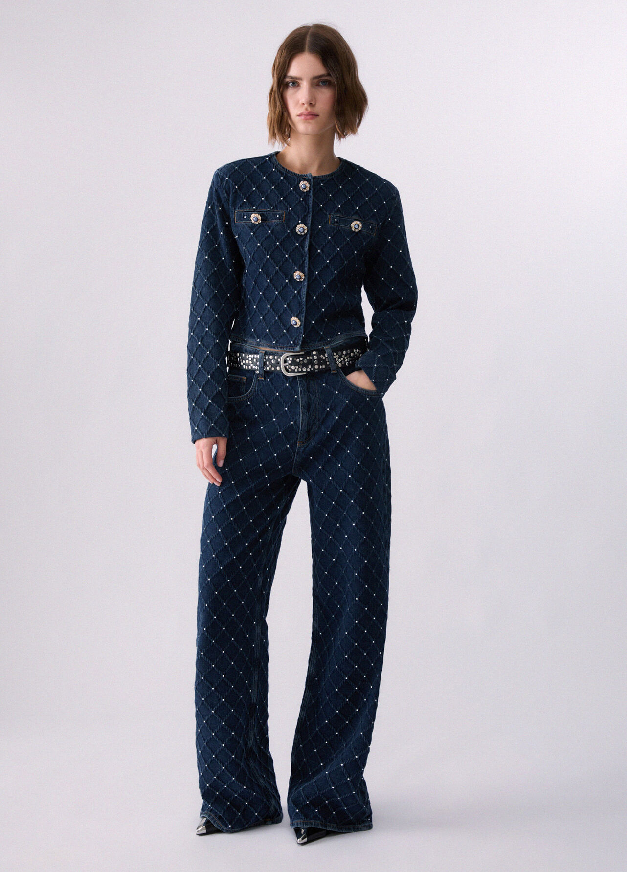 Jeans straight matelassé con strass - BLUE DENIM
