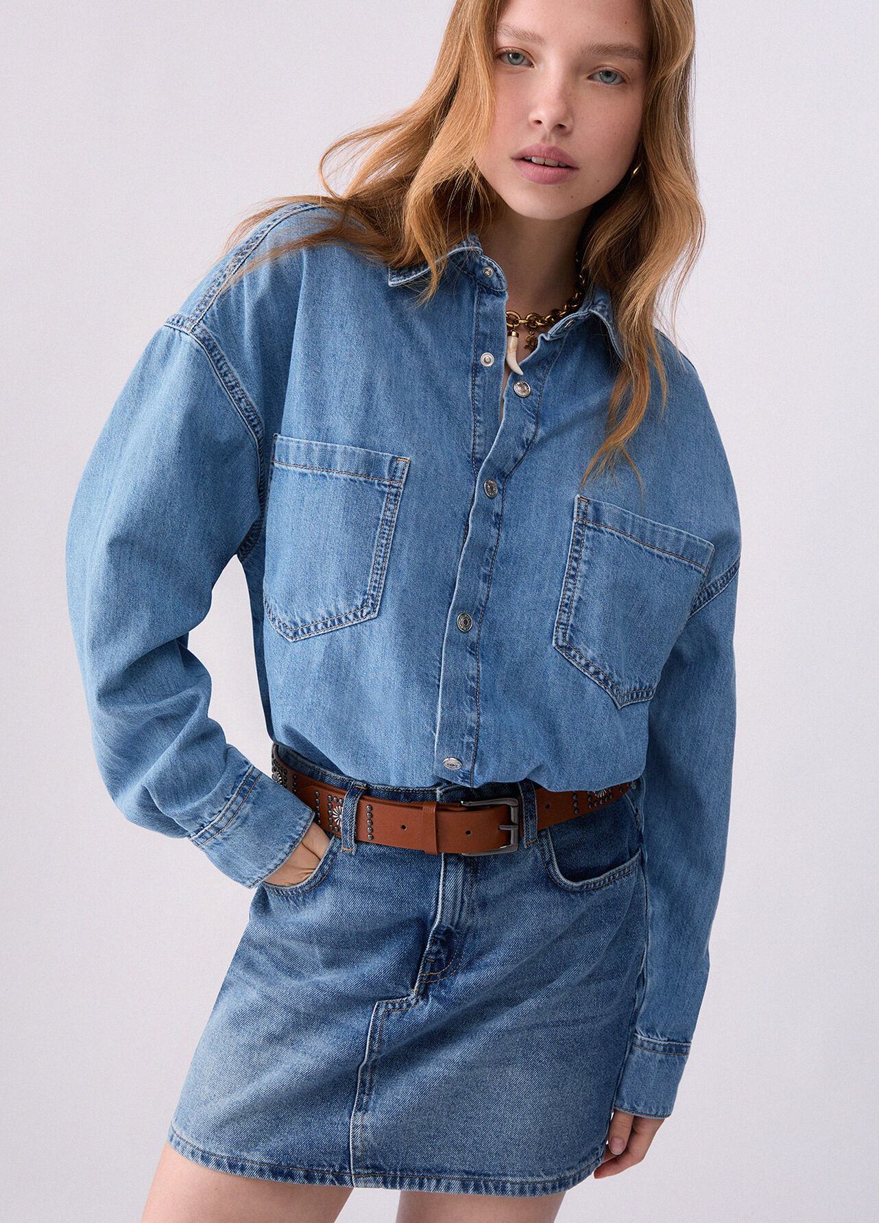 Abito corto in denim con cintura - BLUE DENIM