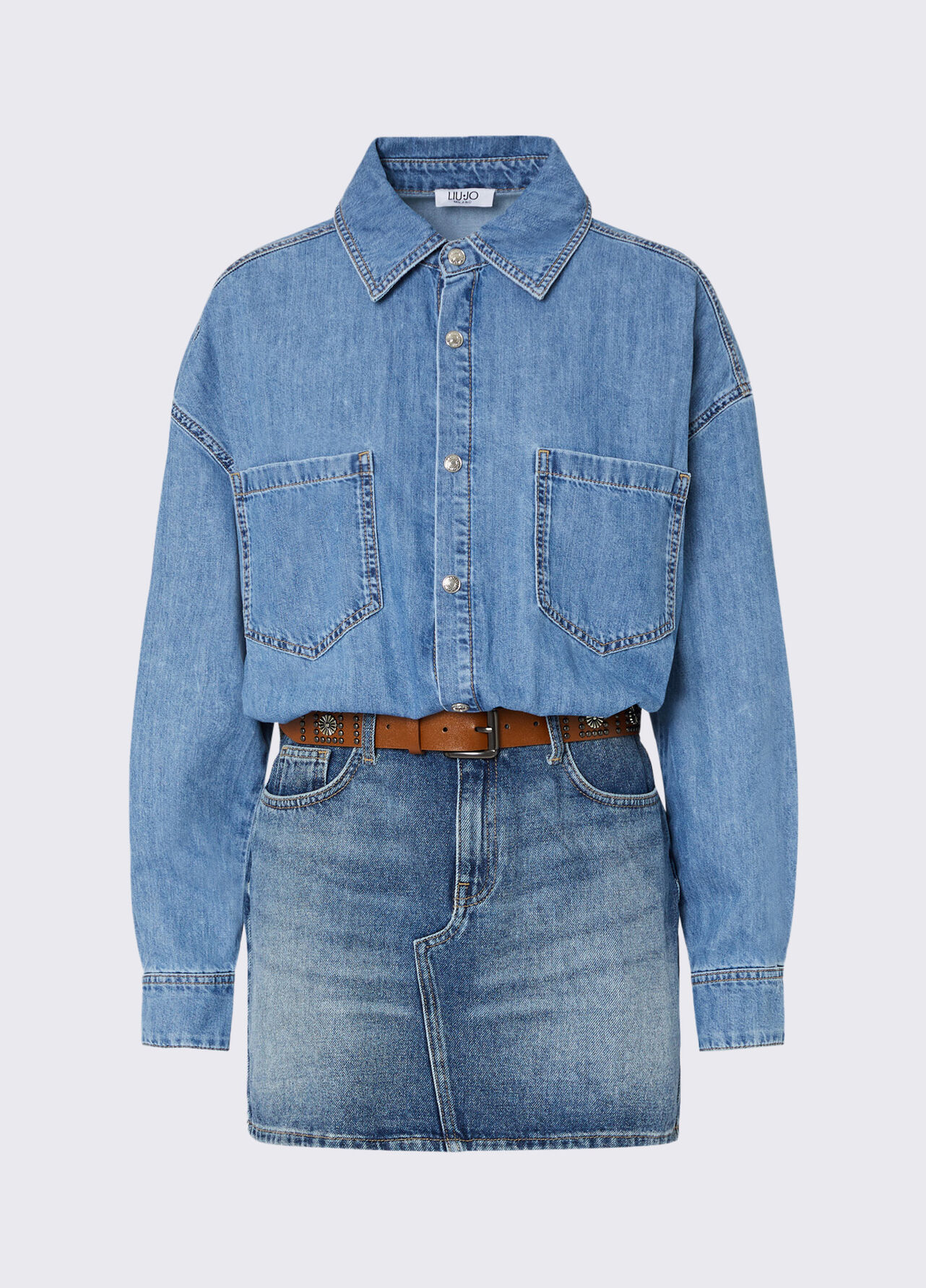 Abito corto in denim con cintura - BLUE DENIM