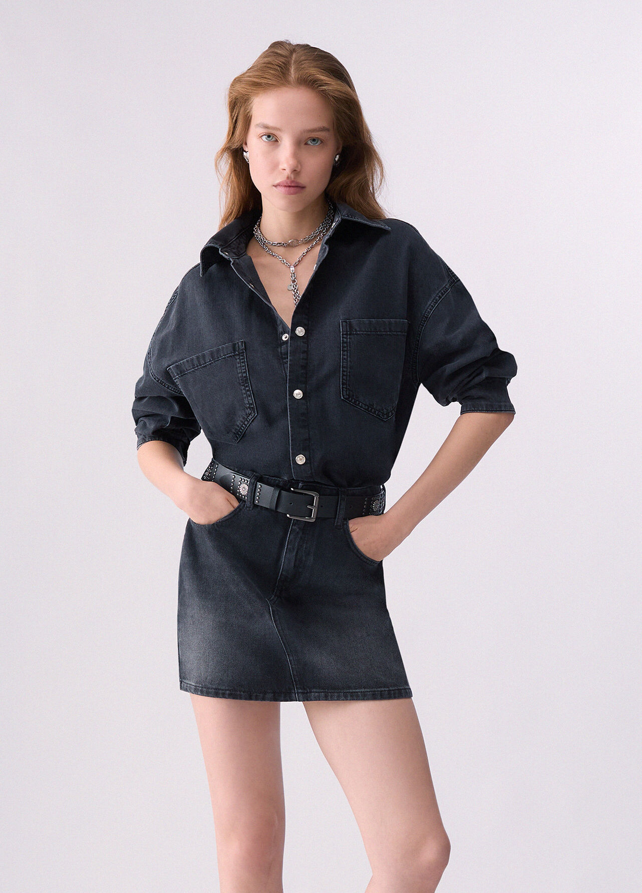 Abito corto in denim con cintura - BLACK DENIM