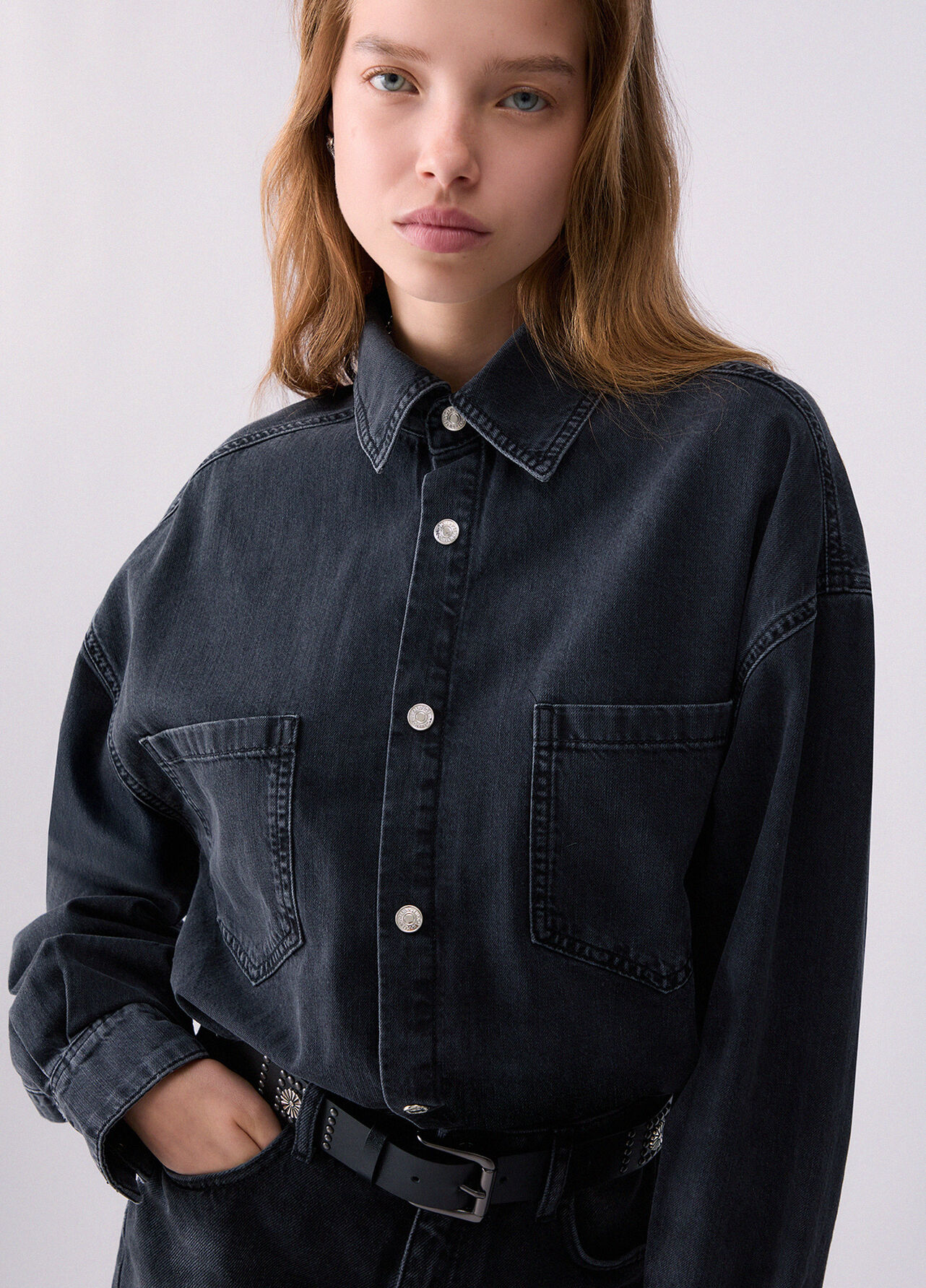 Abito corto in denim con cintura - BLACK DENIM