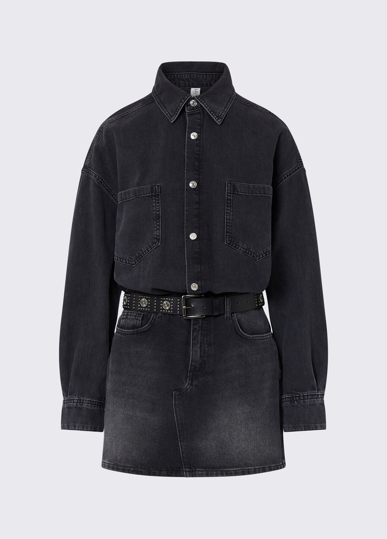 Abito corto in denim con cintura - BLACK DENIM