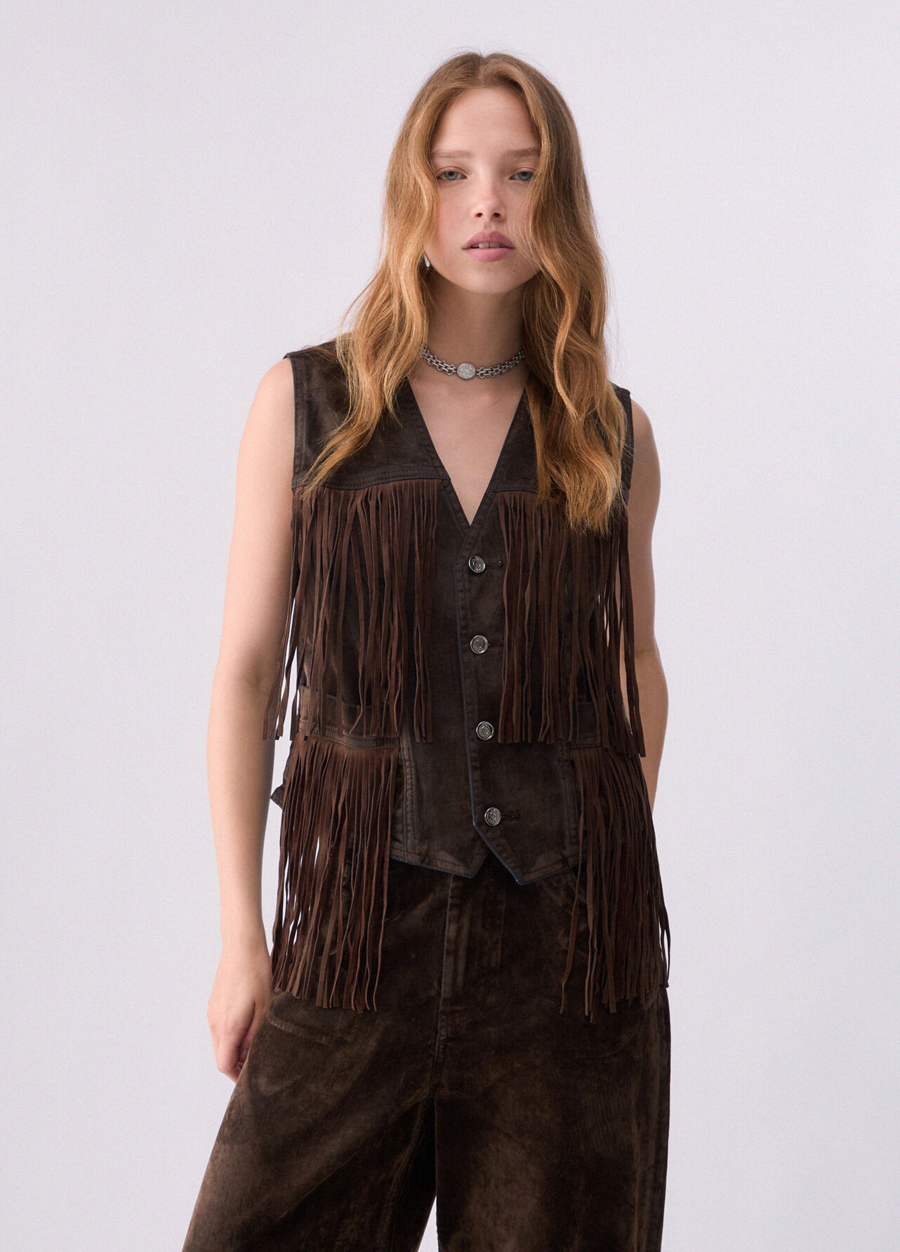 Gilet con frange in tessuto floccato - BLUE DENIM
