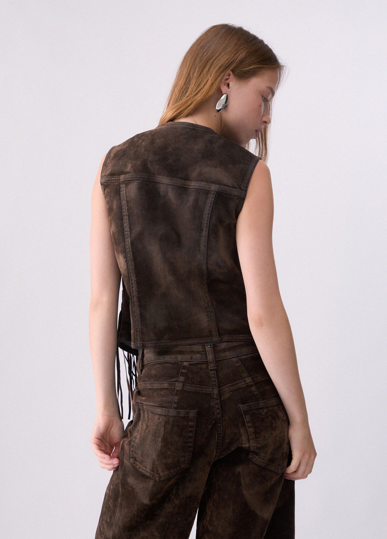 Gilet con frange in tessuto floccato - BLUE DENIM