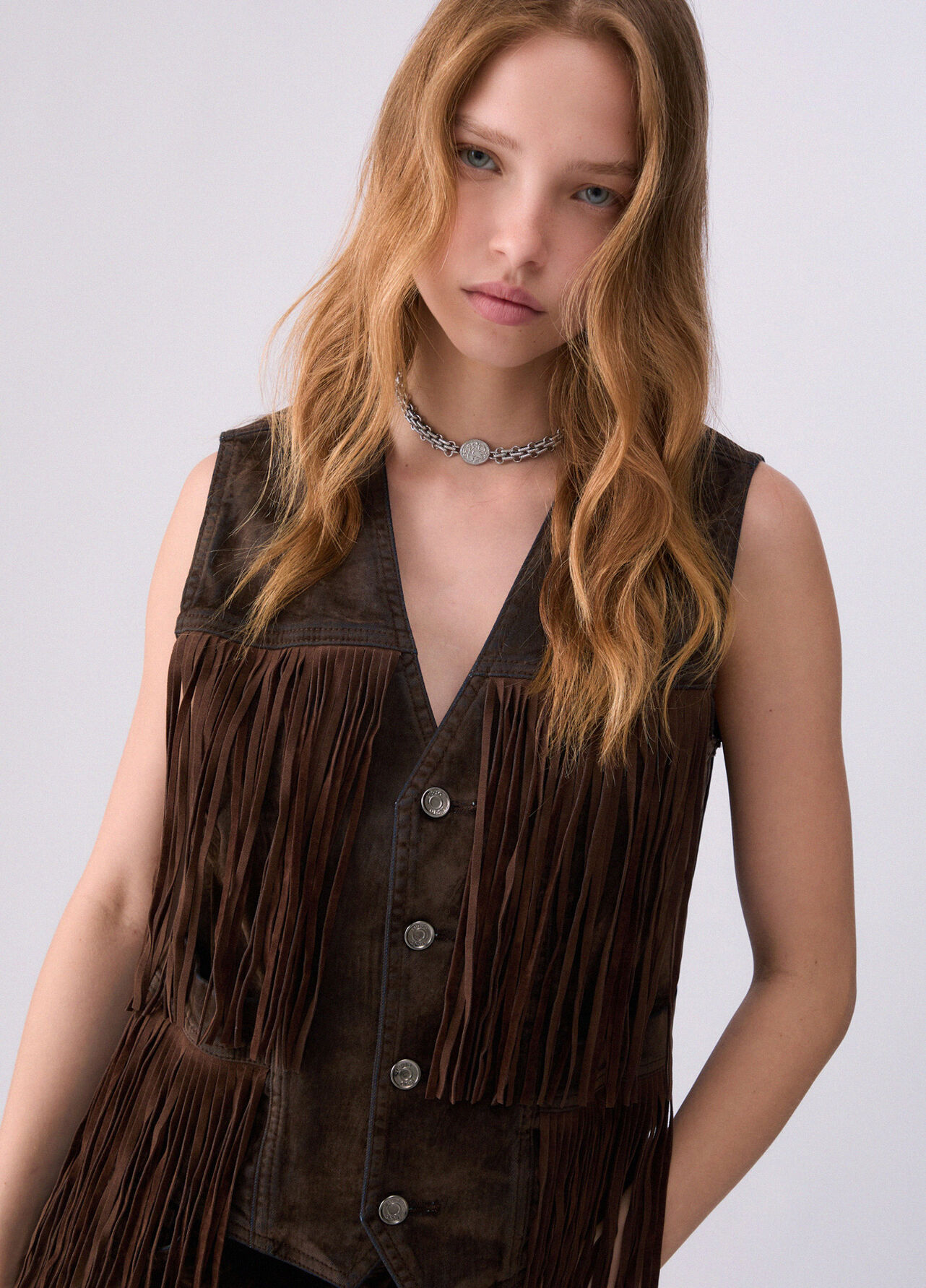 Gilet con frange in tessuto floccato - BLUE DENIM