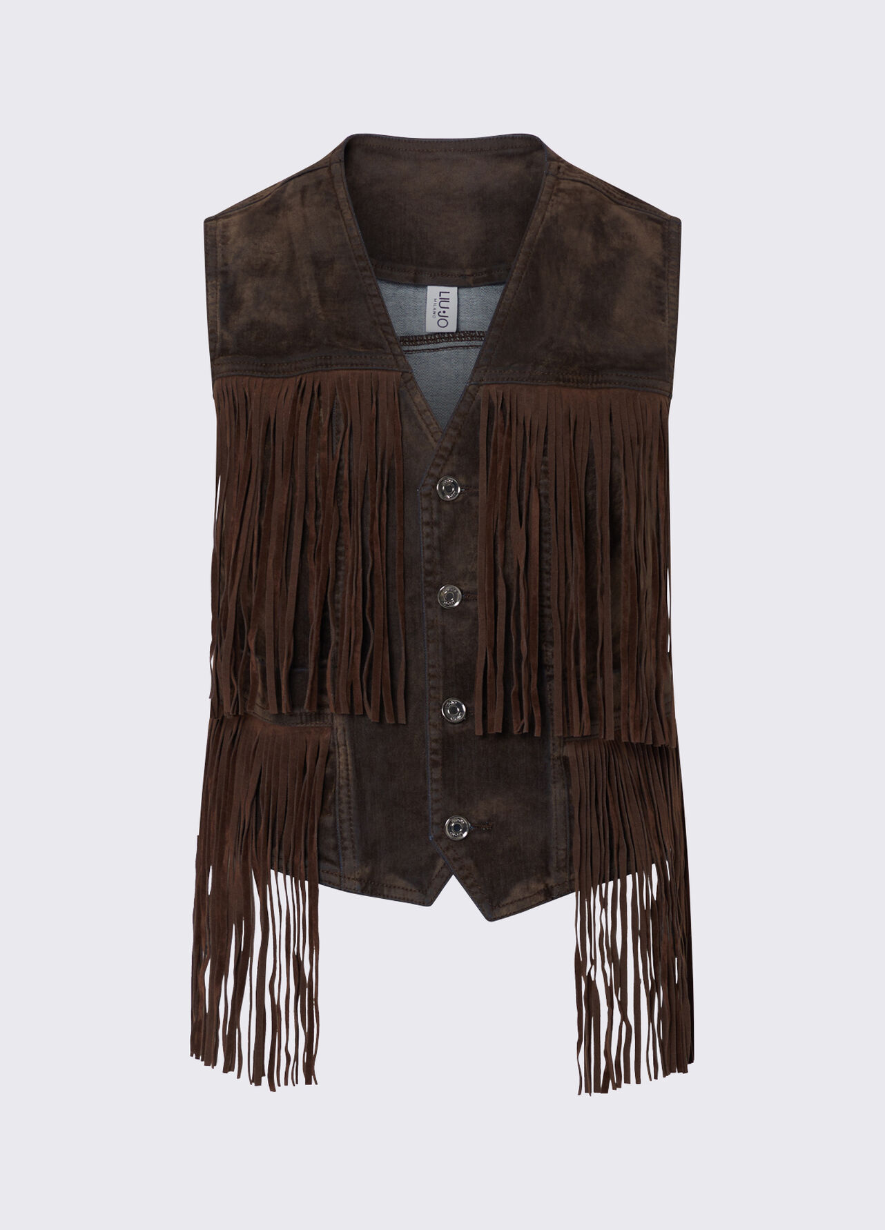 Gilet con frange in tessuto floccato - BLUE DENIM