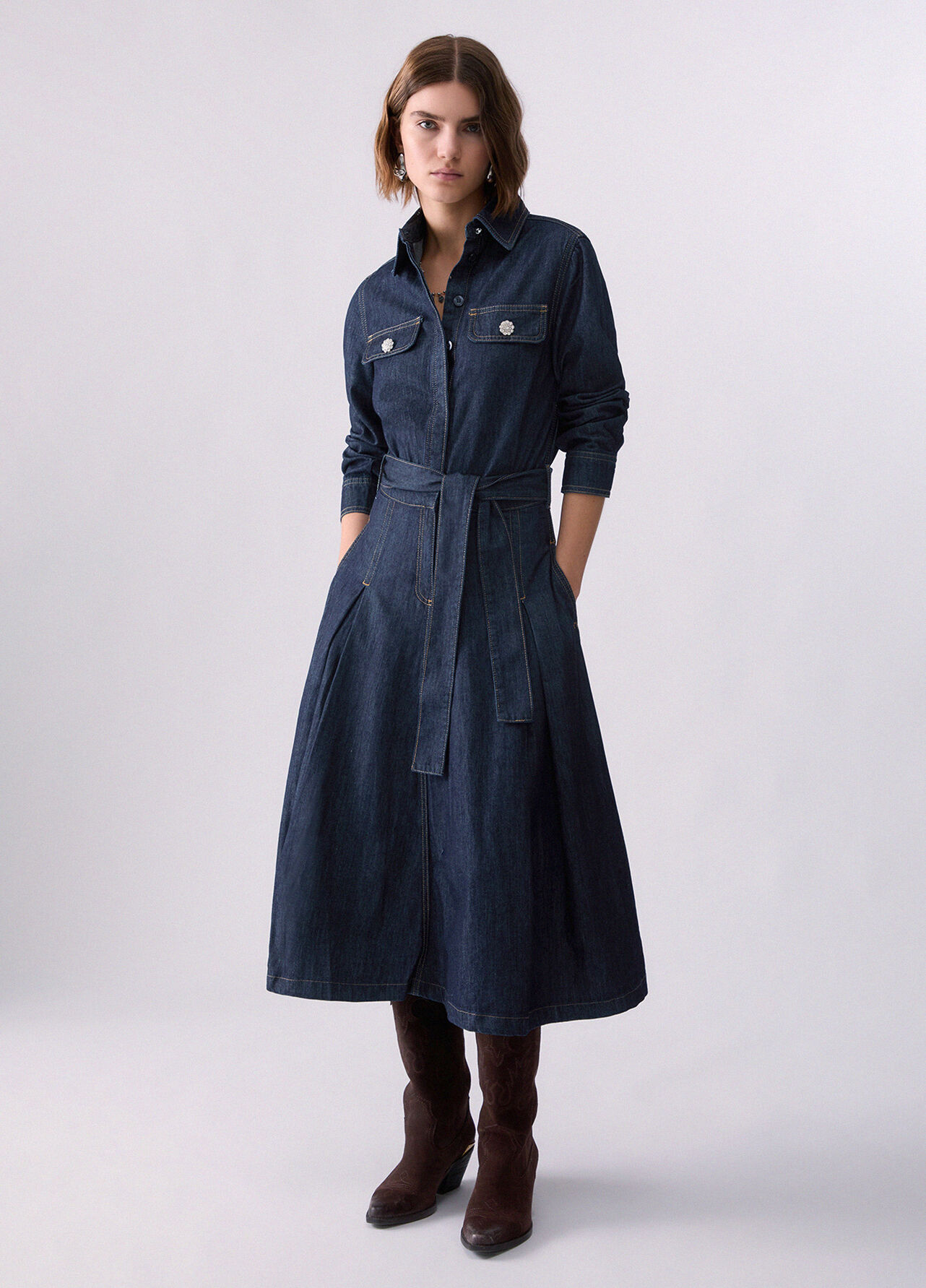 Abito lungo chemisier in denim - BLUE DENIM