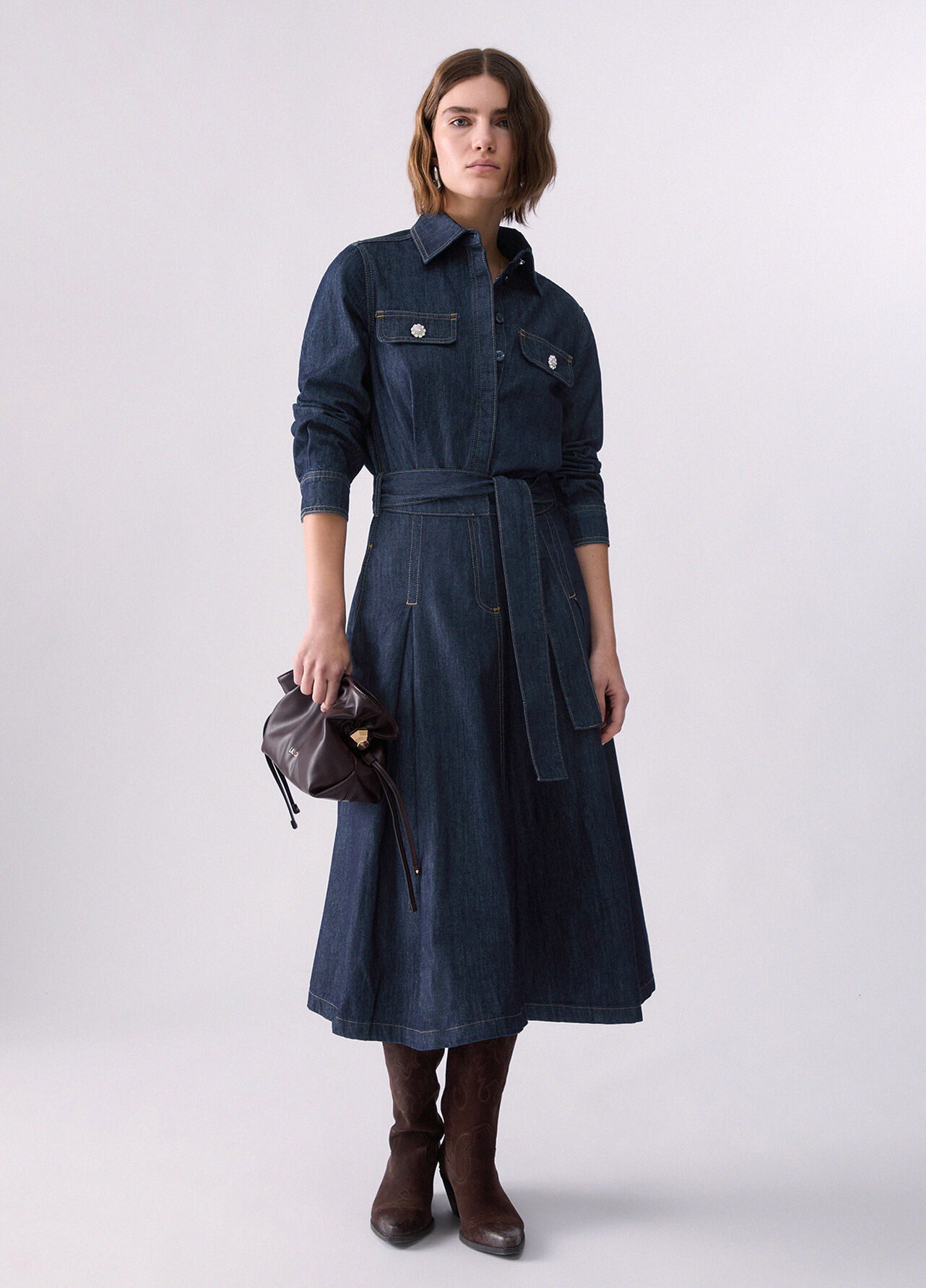 Abito lungo chemisier in denim - BLUE DENIM