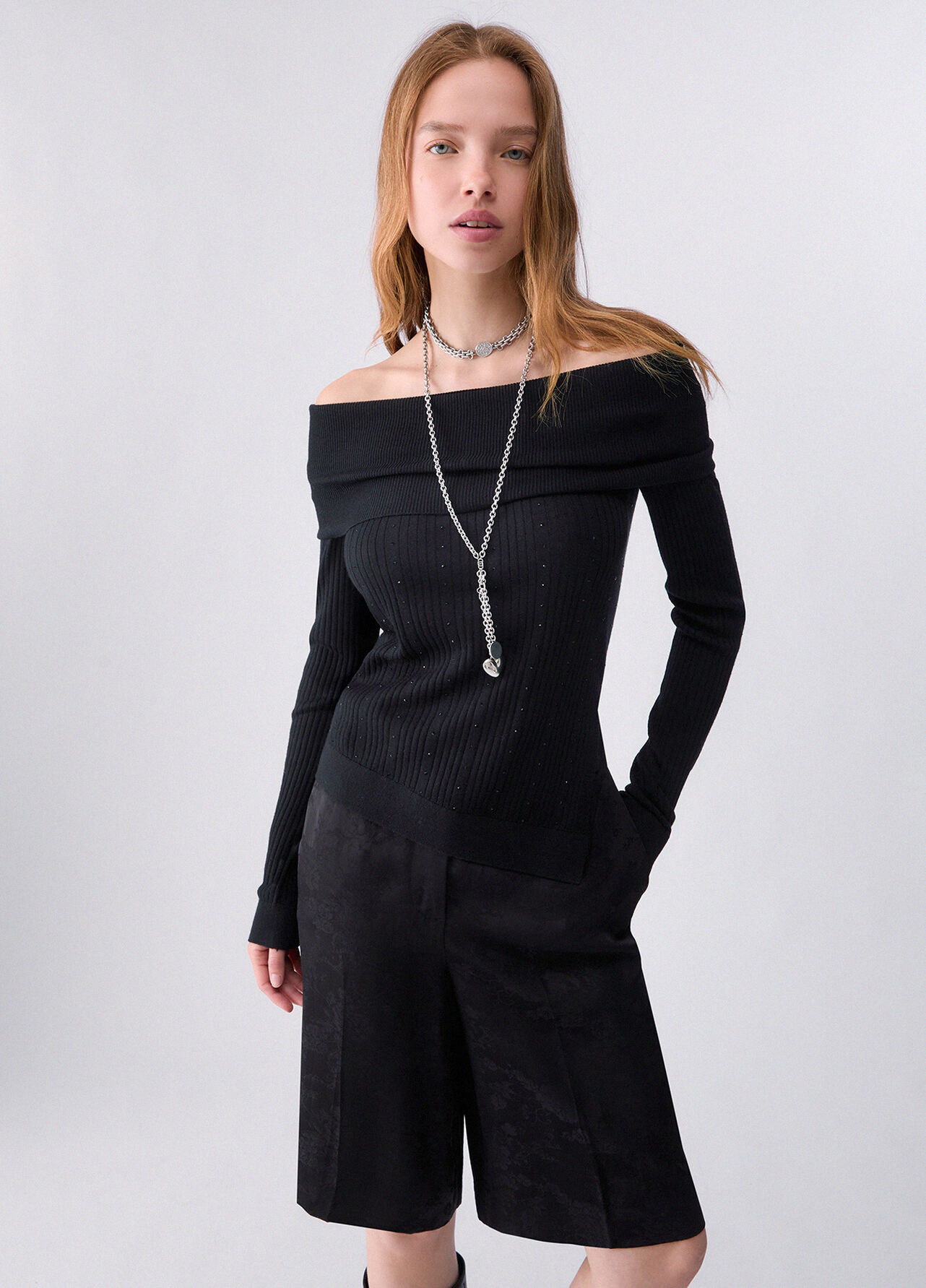 Maglia in lana con scollo bardot - BLACK