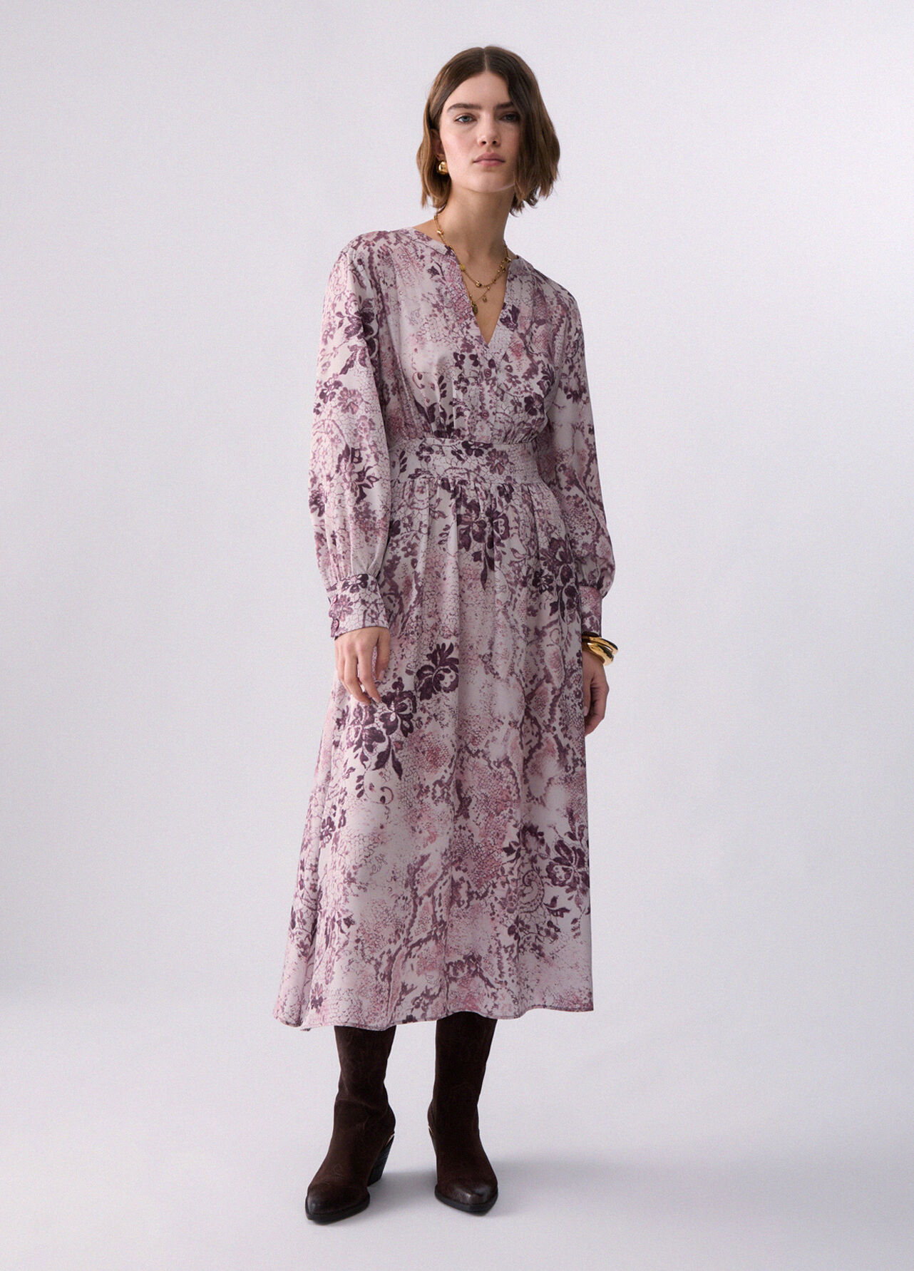 Abito midi in twill stampato - PINK