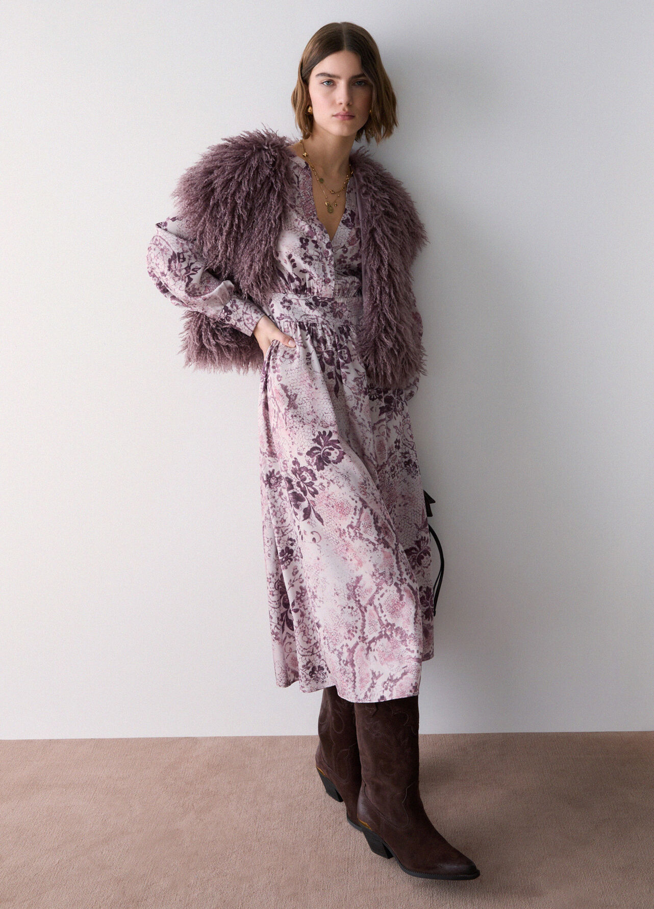 Abito midi in twill stampato - PINK