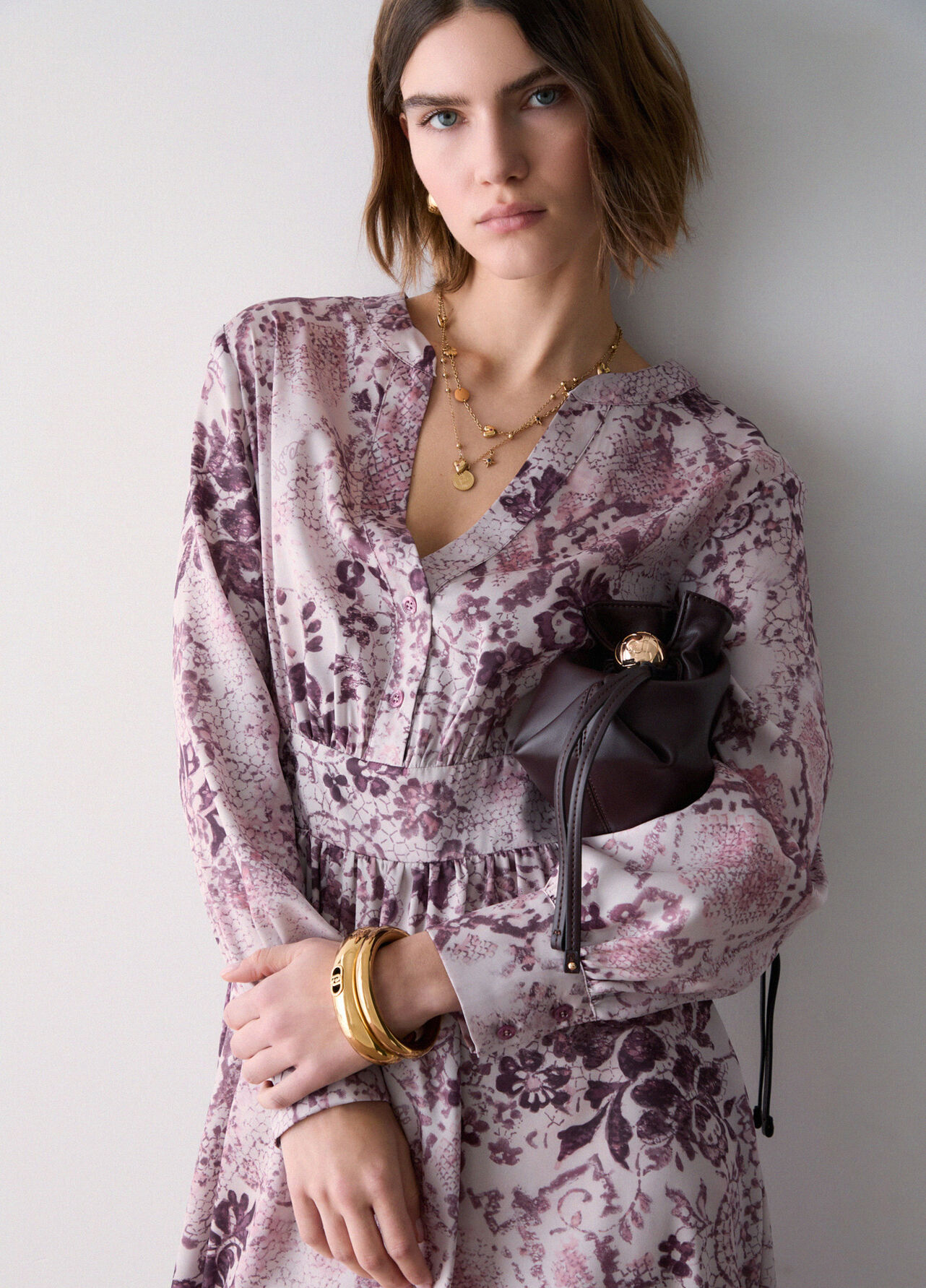 Abito midi in twill stampato - PINK