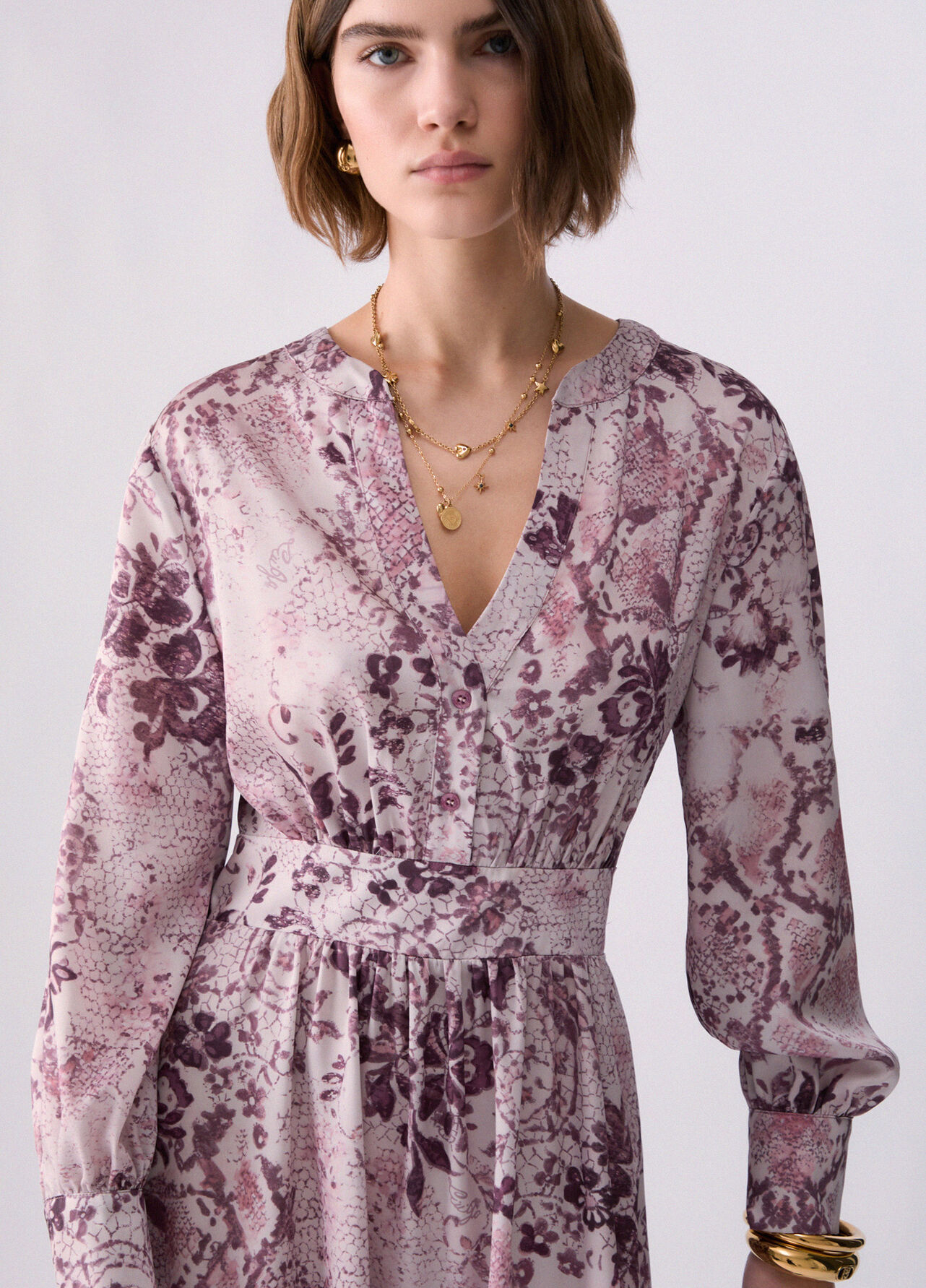 Abito midi in twill stampato - PINK