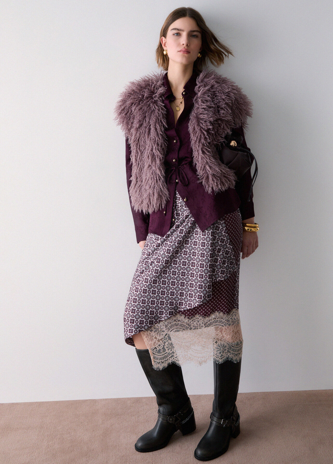 Camicia in raso jacquard - AUBERGINE