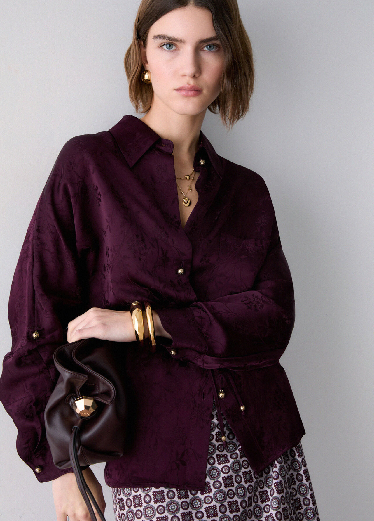 Camicia in raso jacquard - AUBERGINE