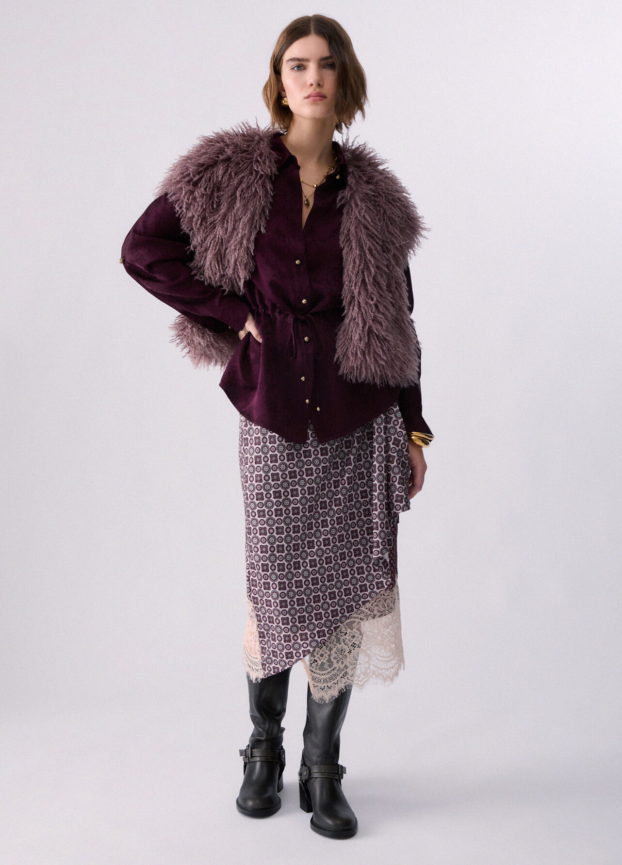 Camicia in raso jacquard - AUBERGINE