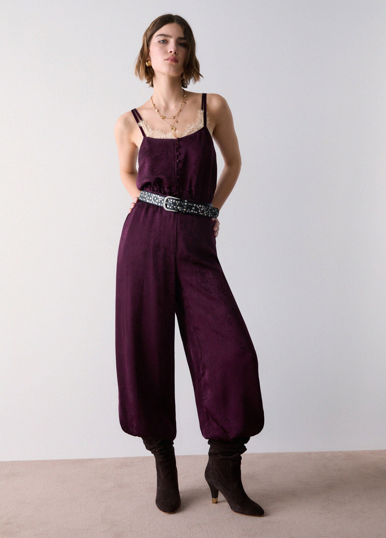 Pantaloni balloon in raso jacquard - AUBERGINE