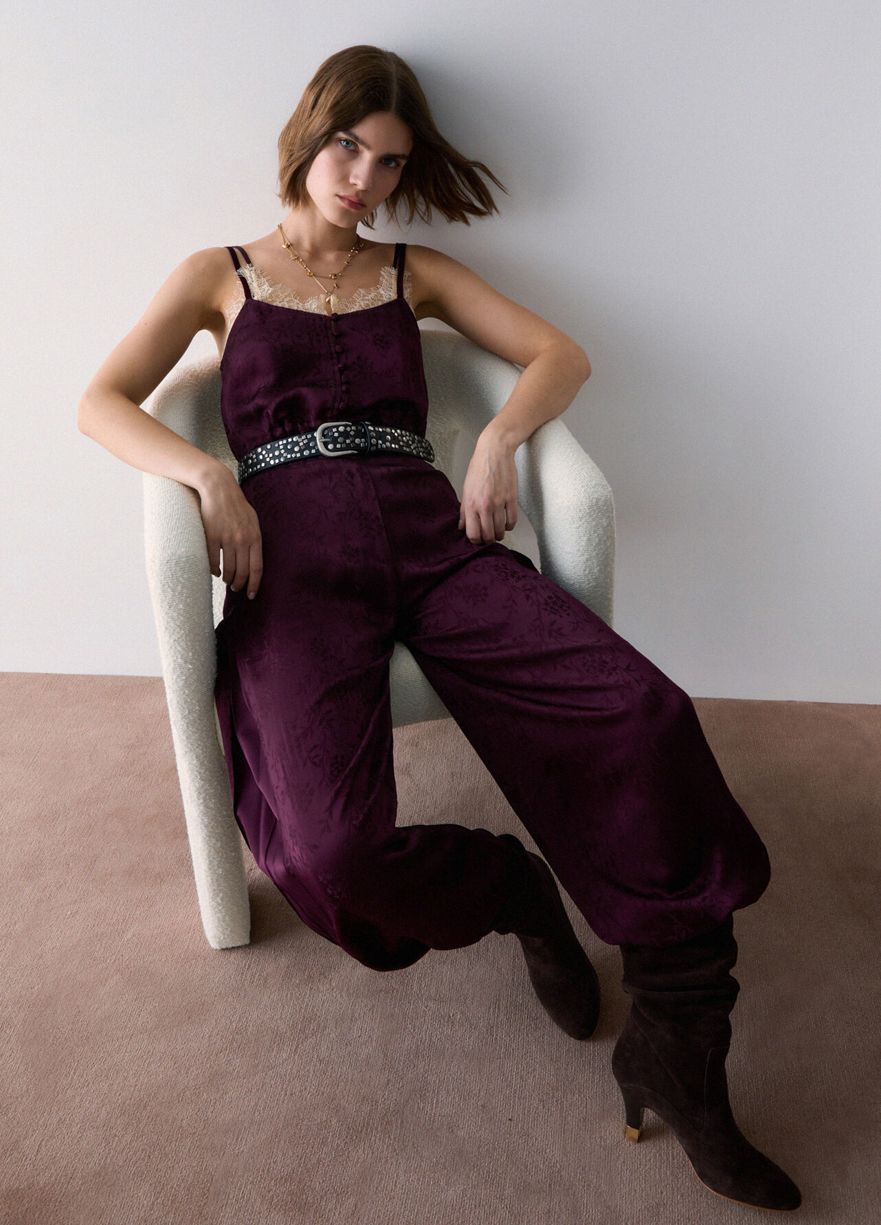 Pantaloni balloon in raso jacquard - AUBERGINE