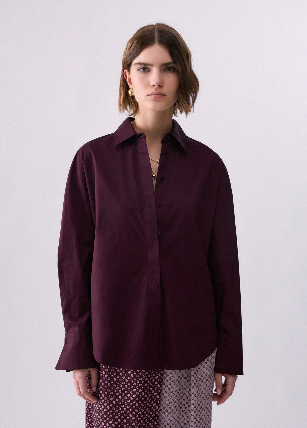 Camicia con inserto in raso jacquard - AUBERGINE