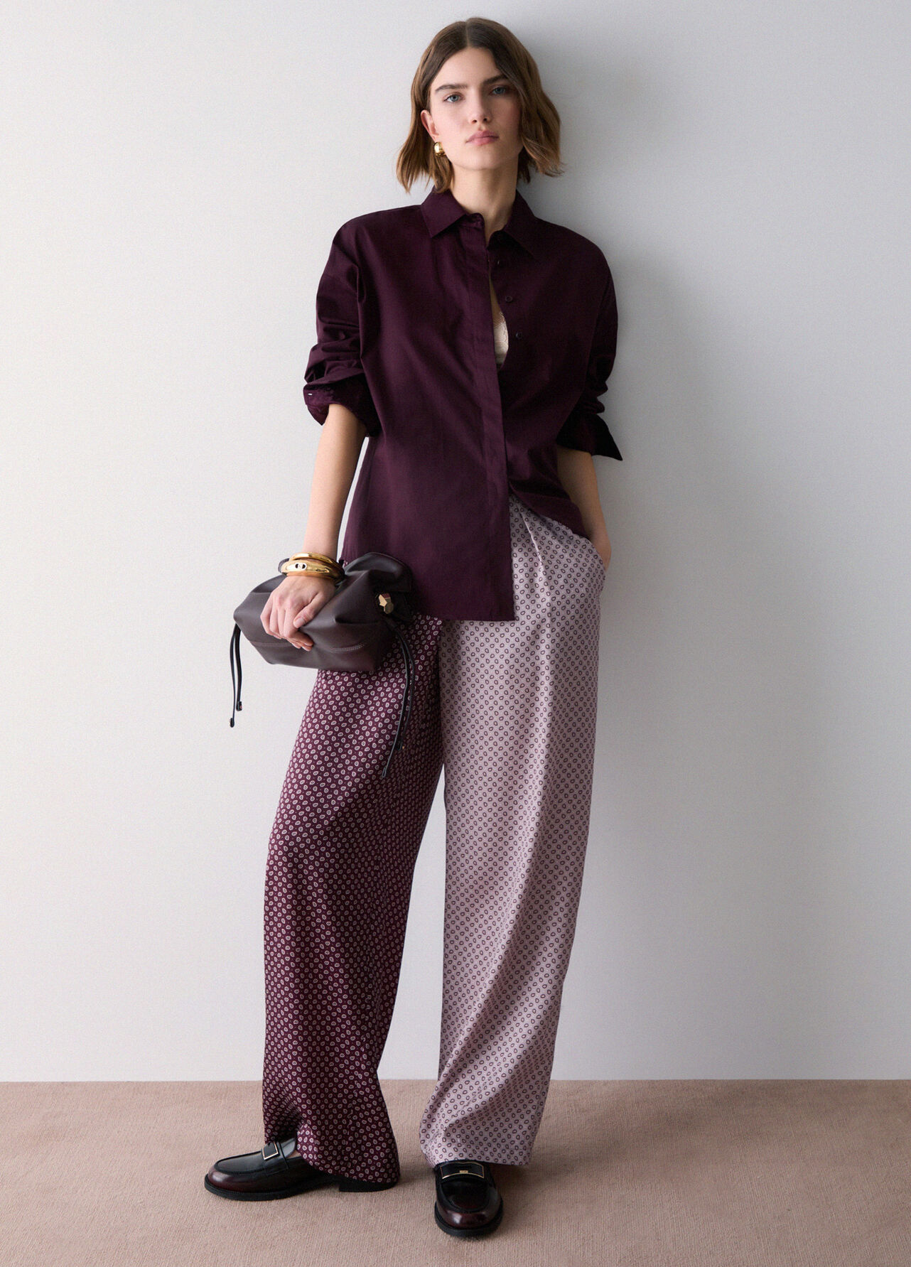 Camicia con inserto in raso jacquard - AUBERGINE
