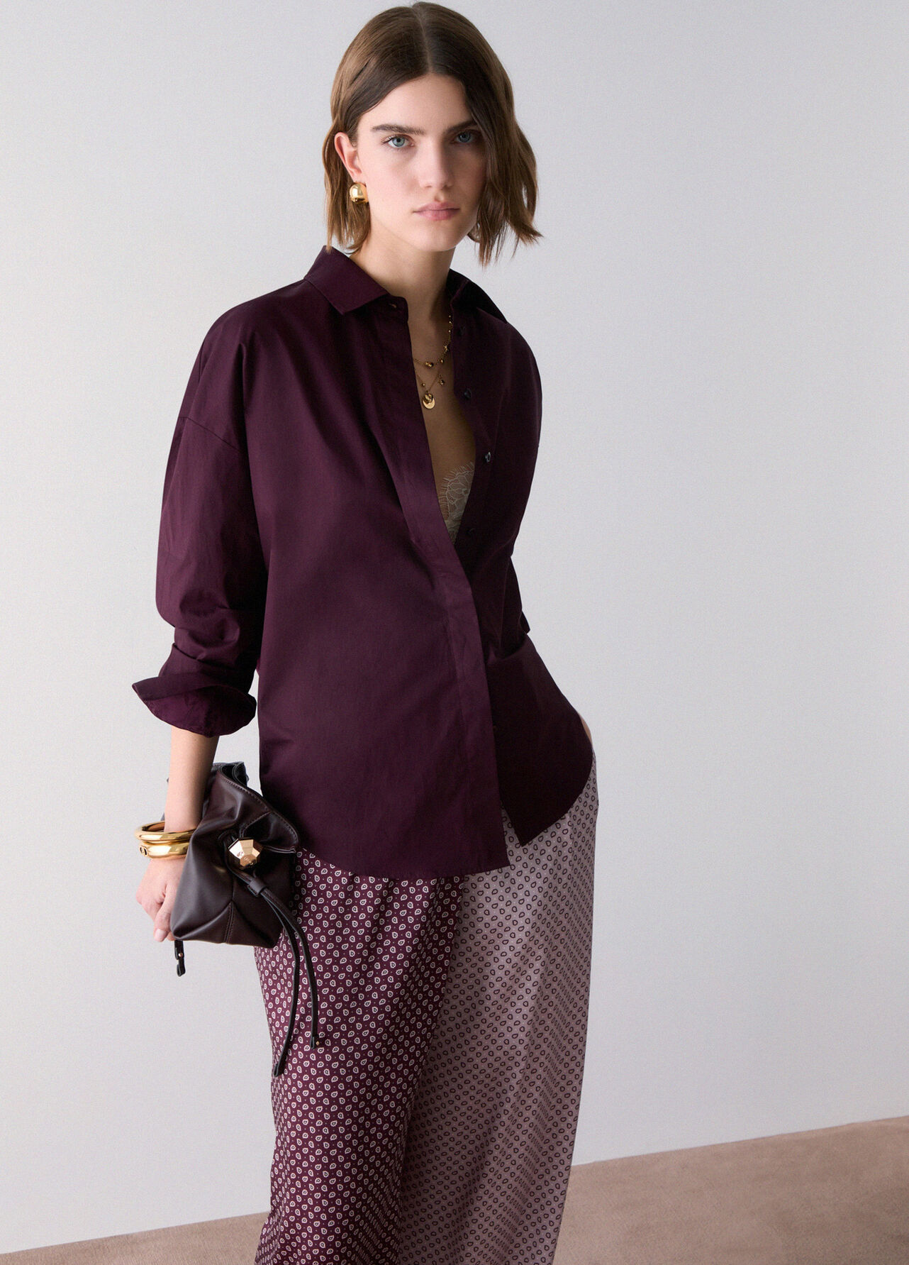 Camicia con inserto in raso jacquard - AUBERGINE