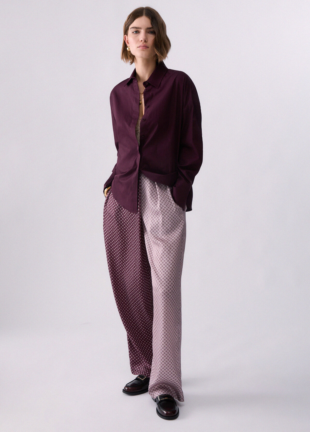 Camicia con inserto in raso jacquard - AUBERGINE