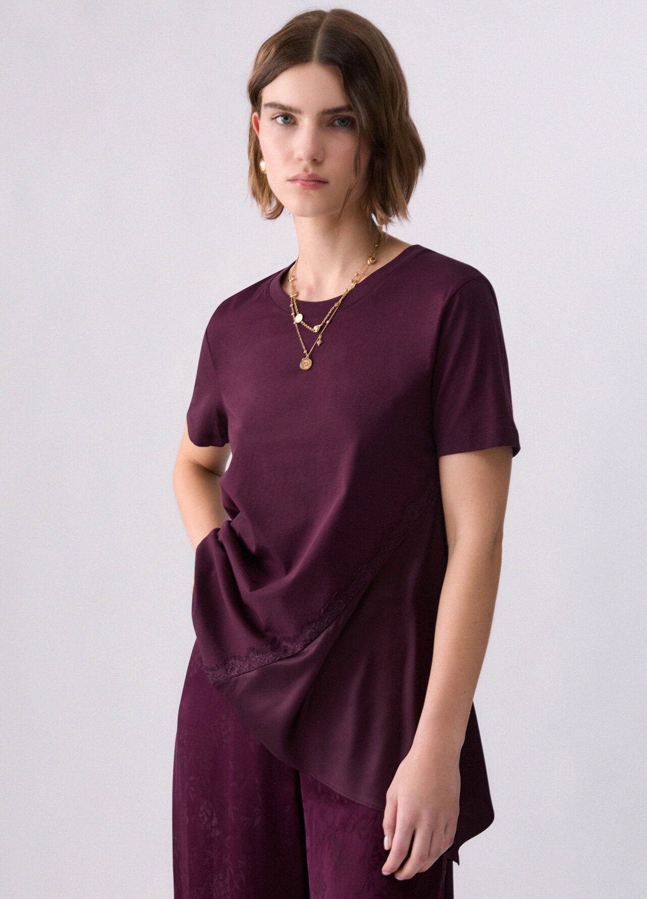 T-shirt bimateriale - AUBERGINE
