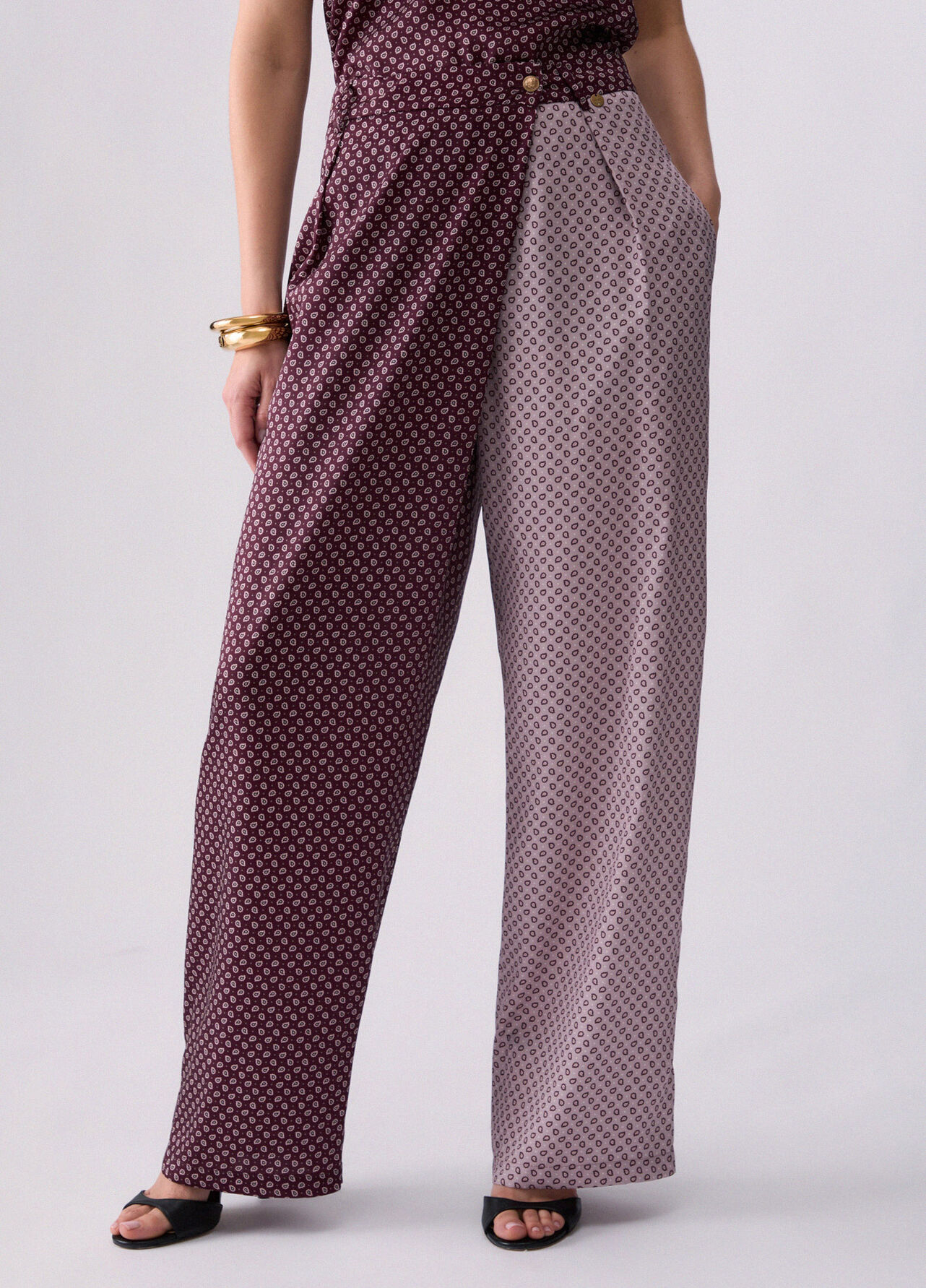 Pantaloni bicolor in twill - AUBERGINE