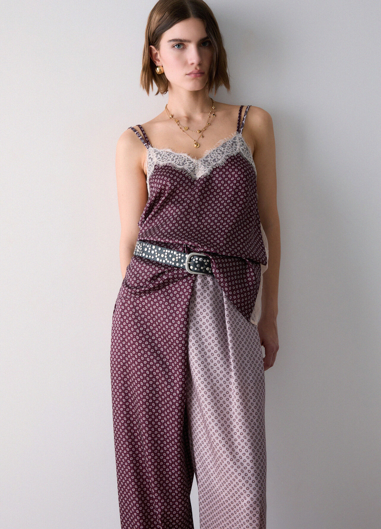 Pantaloni bicolor in twill - AUBERGINE