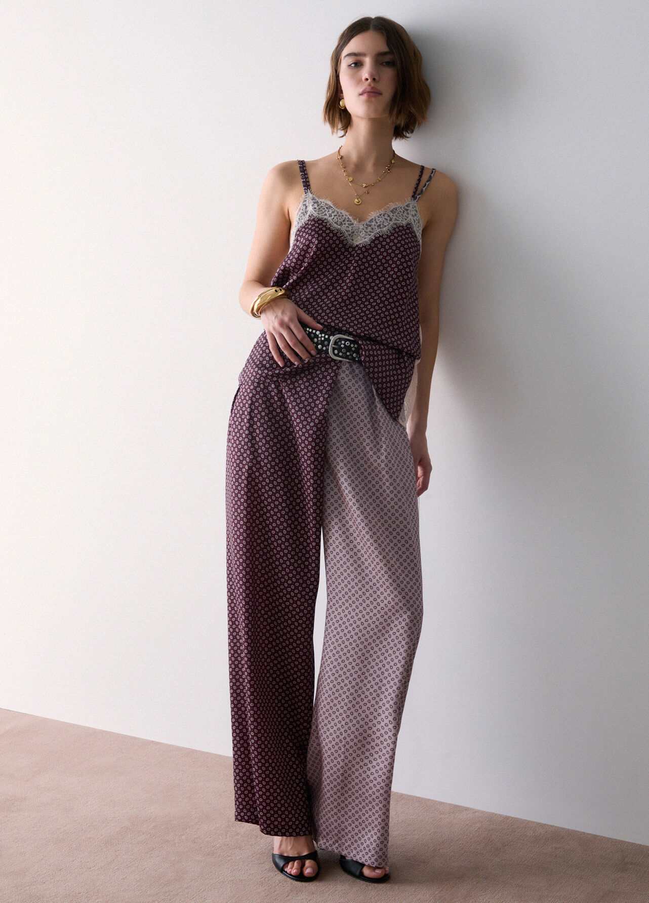 Pantaloni bicolor in twill - AUBERGINE
